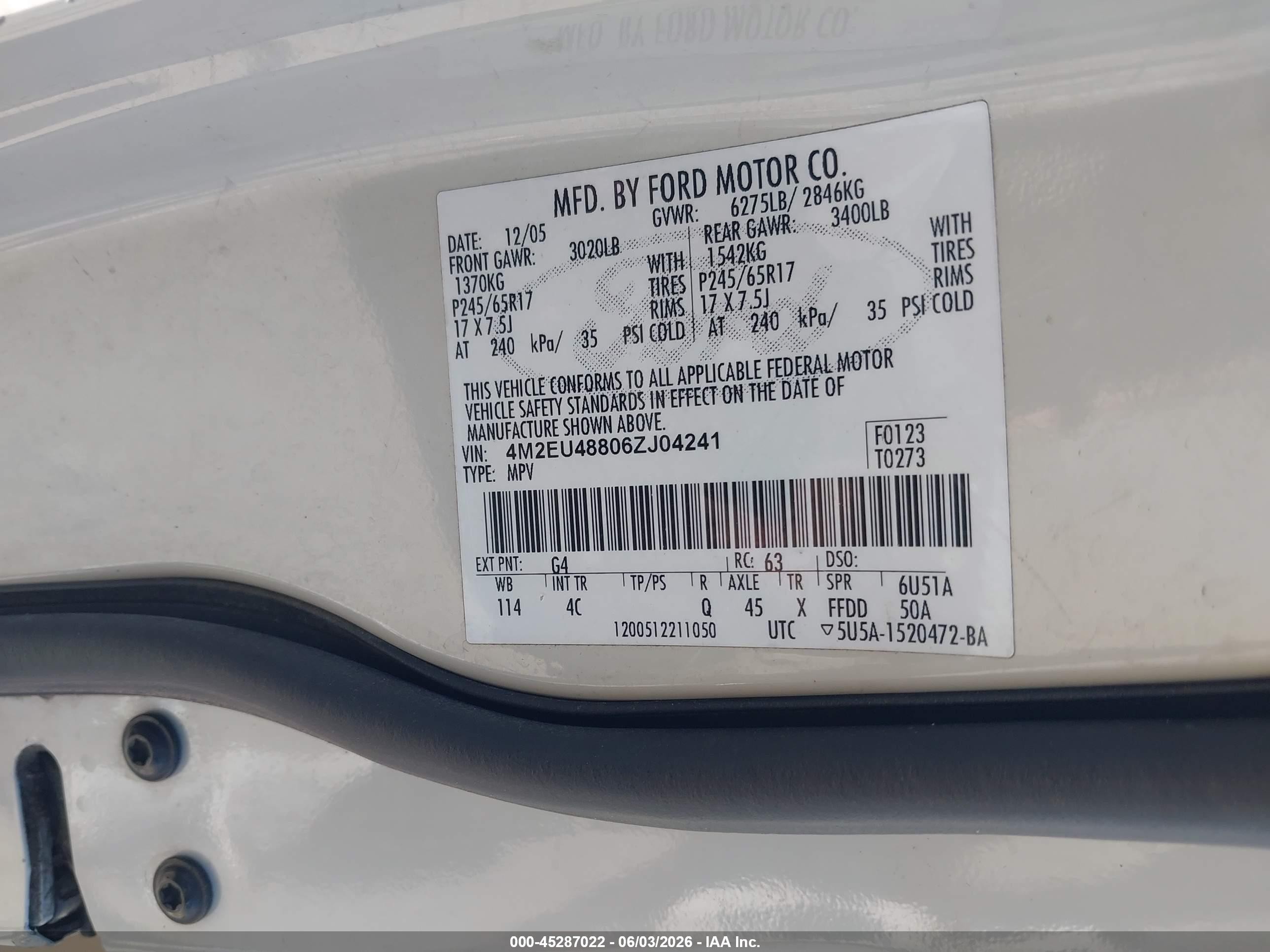 2006 Mercury Mountaineer Premier Cream vin: 4M2EU48806ZJ04241