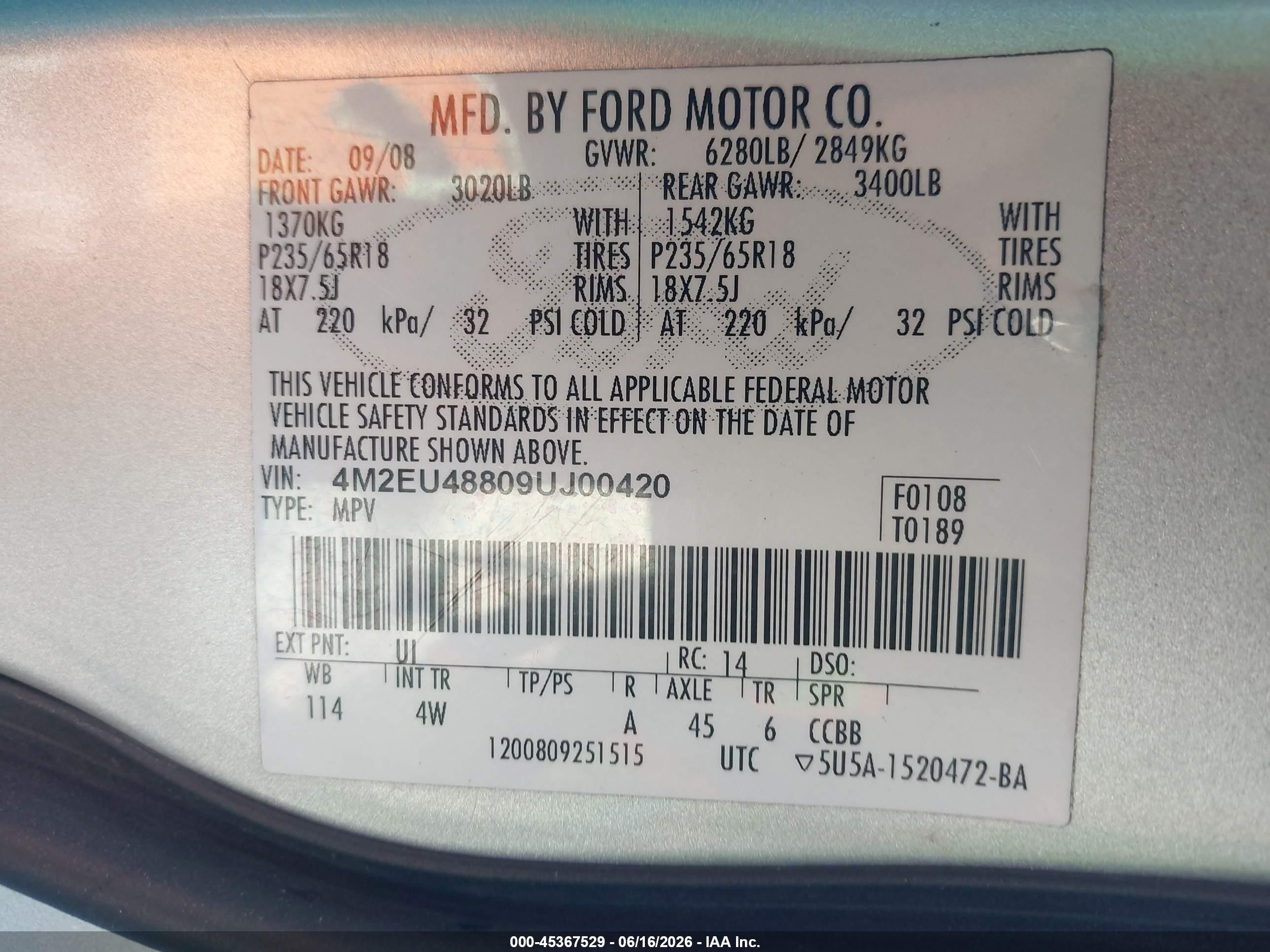 2009 Mercury Mountaineer Premier Silver vin: 4M2EU48809UJ00420