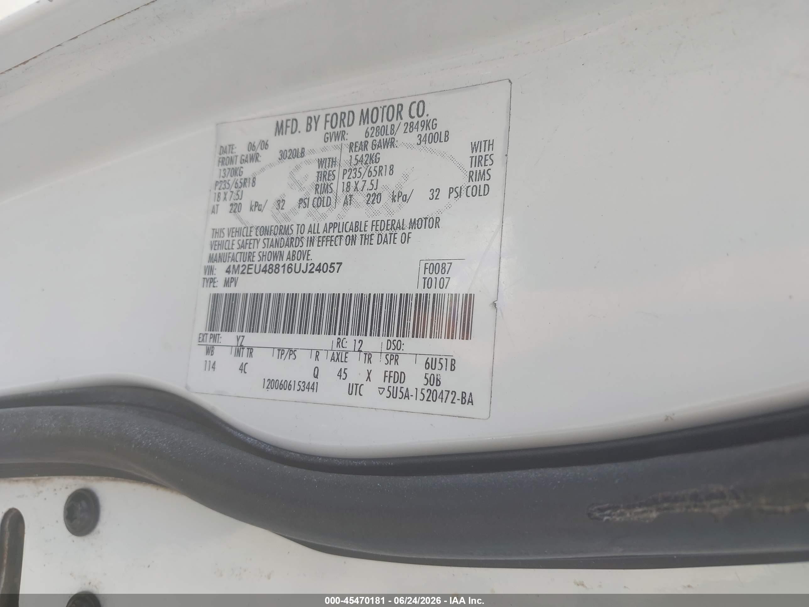 2006 Mercury Mountaineer Premier White vin: 4M2EU48816UJ24057