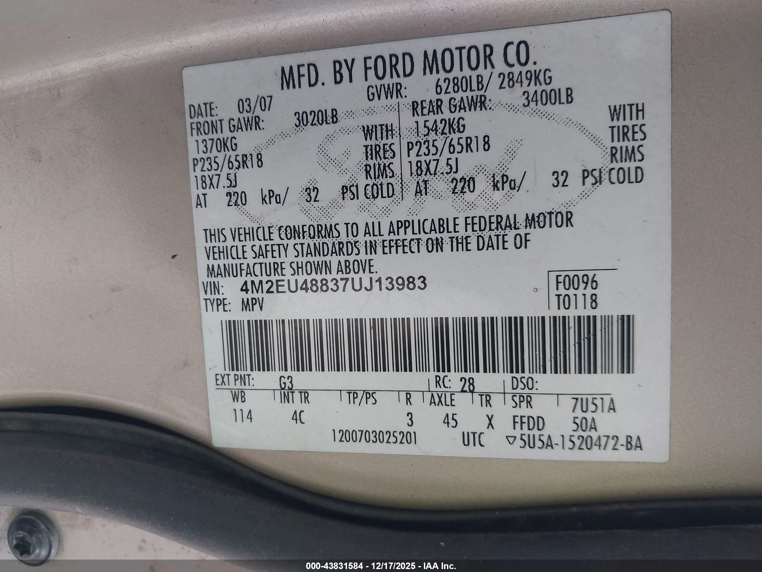 2007 Mercury Mountaineer Premier Gold vin: 4M2EU48837UJ13983