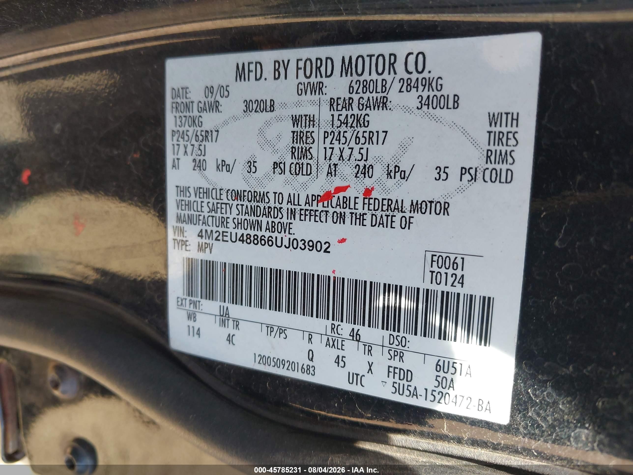 2006 Mercury Mountaineer Premier Black vin: 4M2EU48866UJ03902