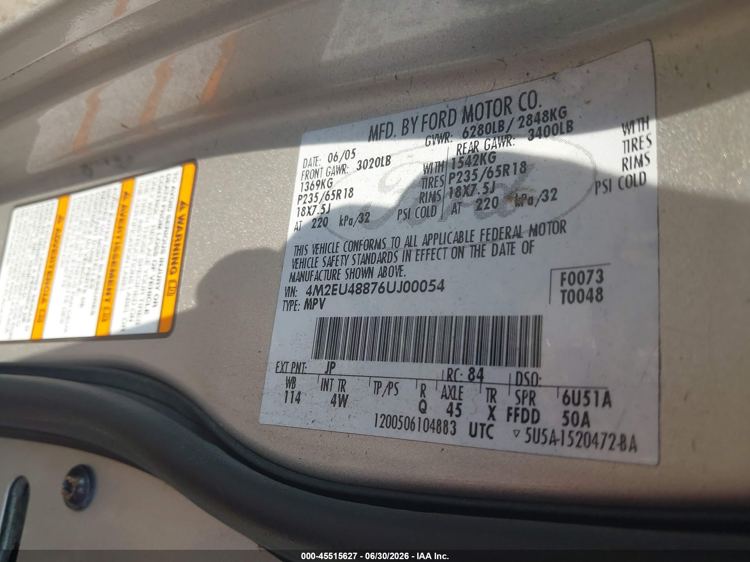 2006 Mercury Mountaineer Premier Silver vin: 4M2EU48876UJ00054
