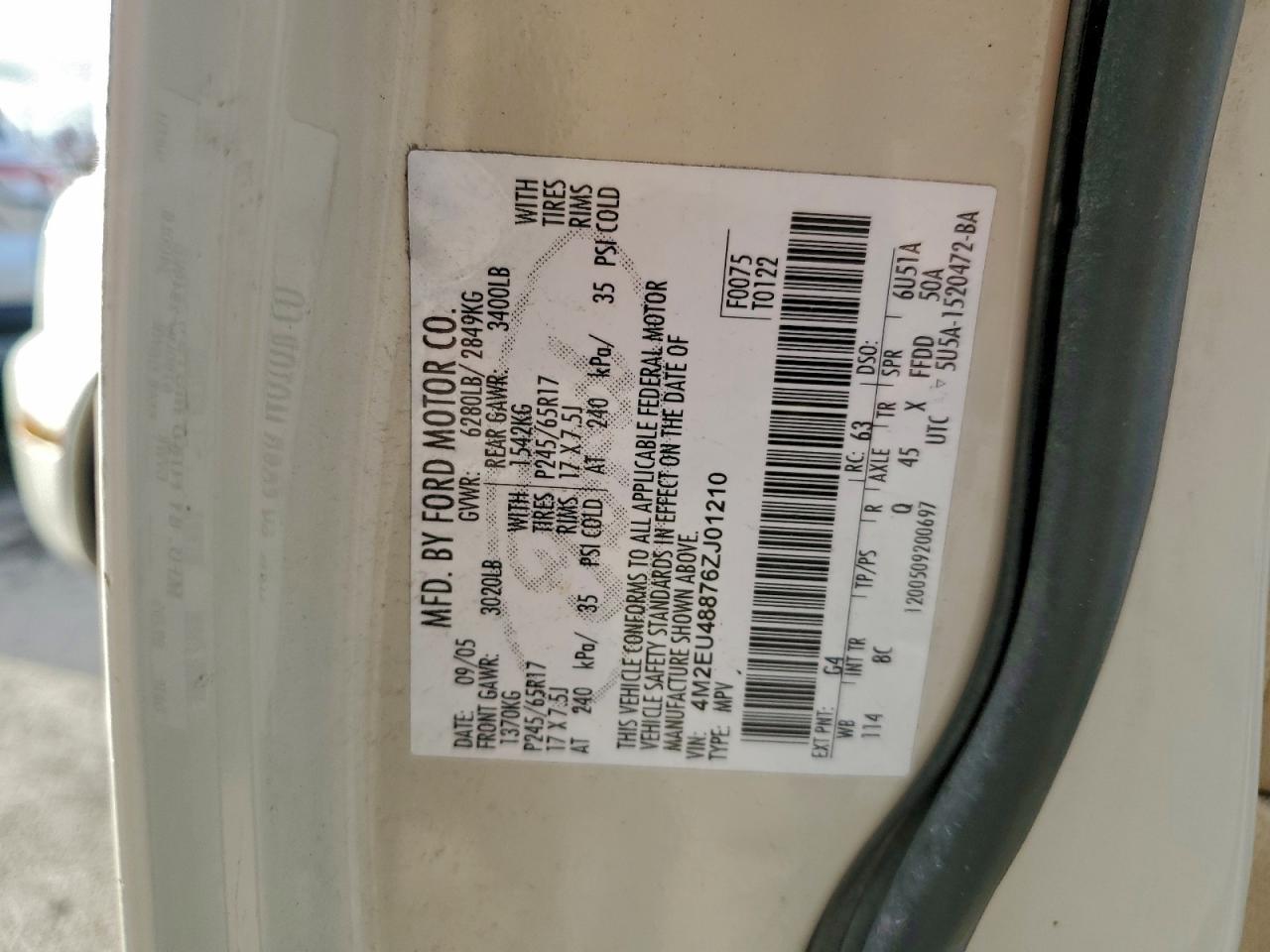 2006 Mercury Mountaineer Premier White vin: 4M2EU48876ZJ01210
