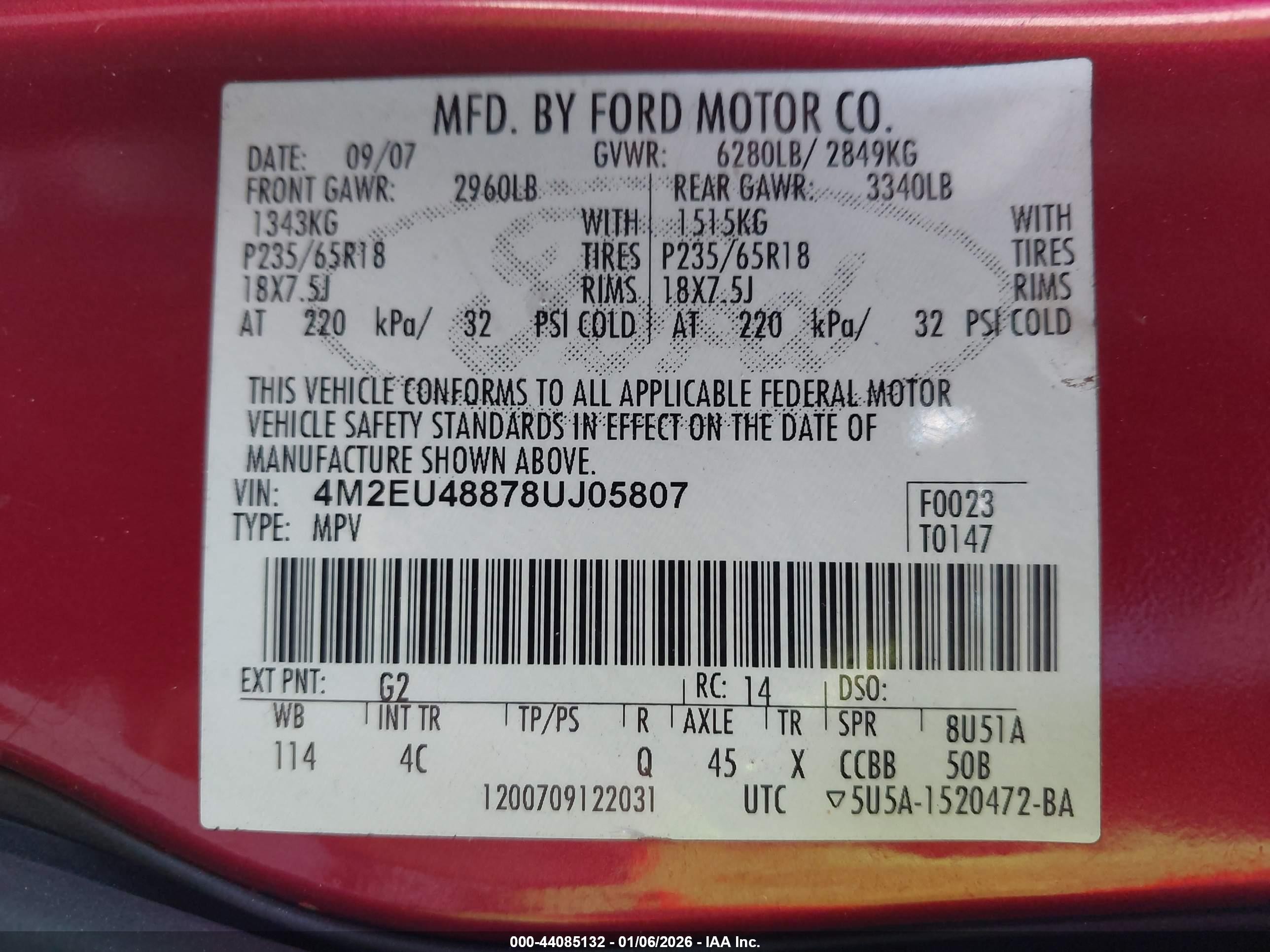 2008 Mercury Mountaineer Premier Burgundy vin: 4M2EU48878UJ05807