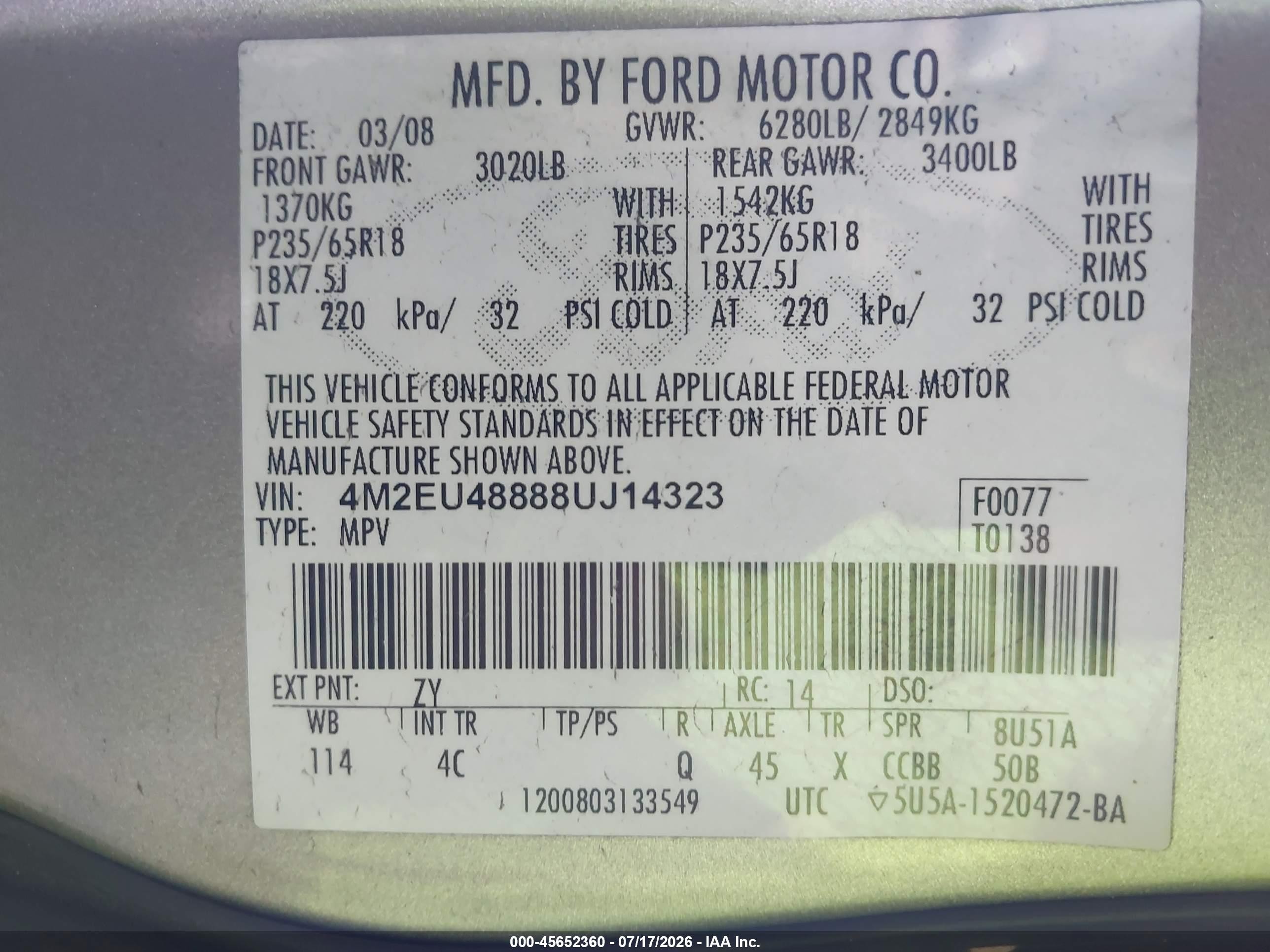 2008 Mercury Mountaineer Premier Gray vin: 4M2EU48888UJ14323