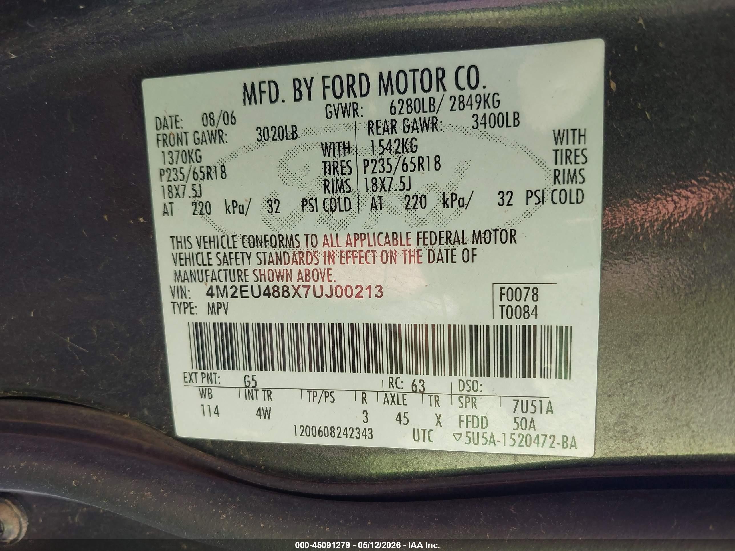 2007 Mercury Mountaineer Premier Black vin: 4M2EU488X7UJ00213
