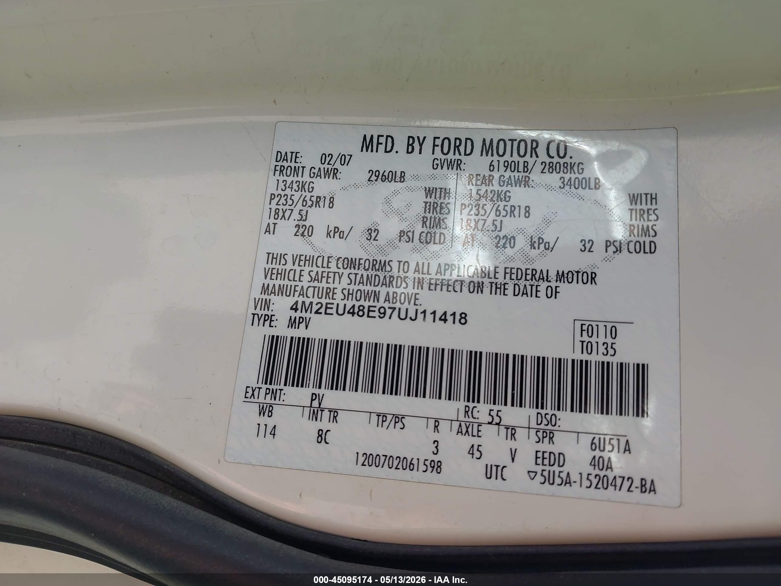2007 Mercury Mountaineer Premier White vin: 4M2EU48E97UJ11418