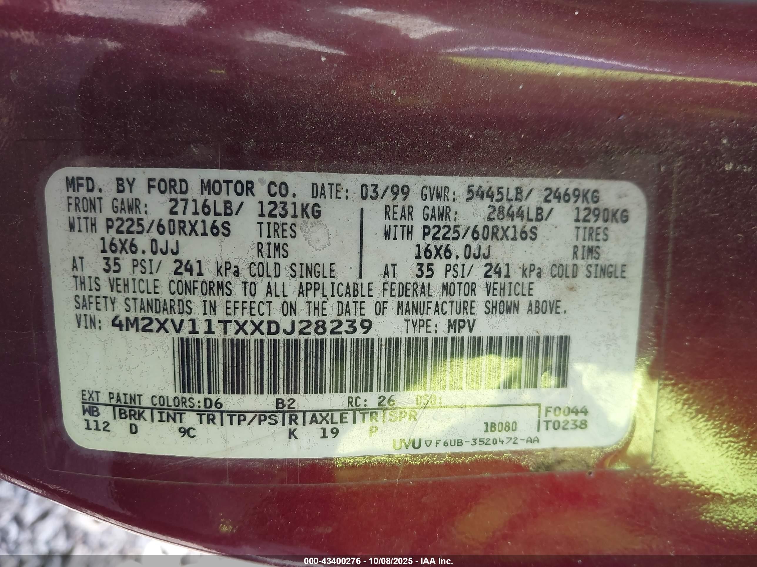 1999 Mercury Villager Estate/sport Maroon vin: 4M2XV11TXXDJ28239