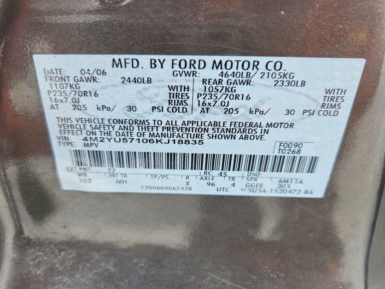 2006 Mercury Mariner Brown vin: 4M2YU57106KJ18835