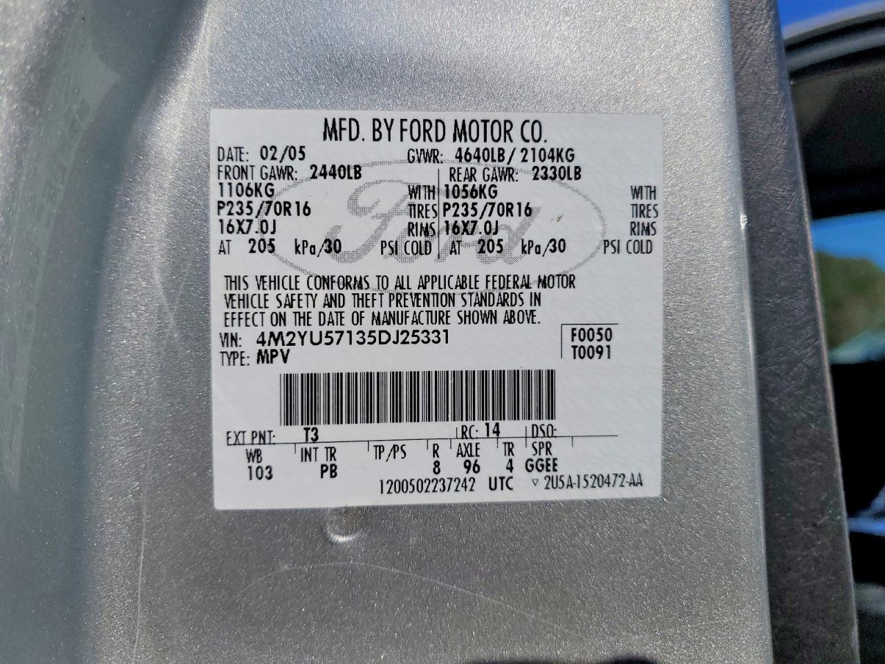 2005 Mercury Mariner Silver vin: 4M2YU57135DJ25331