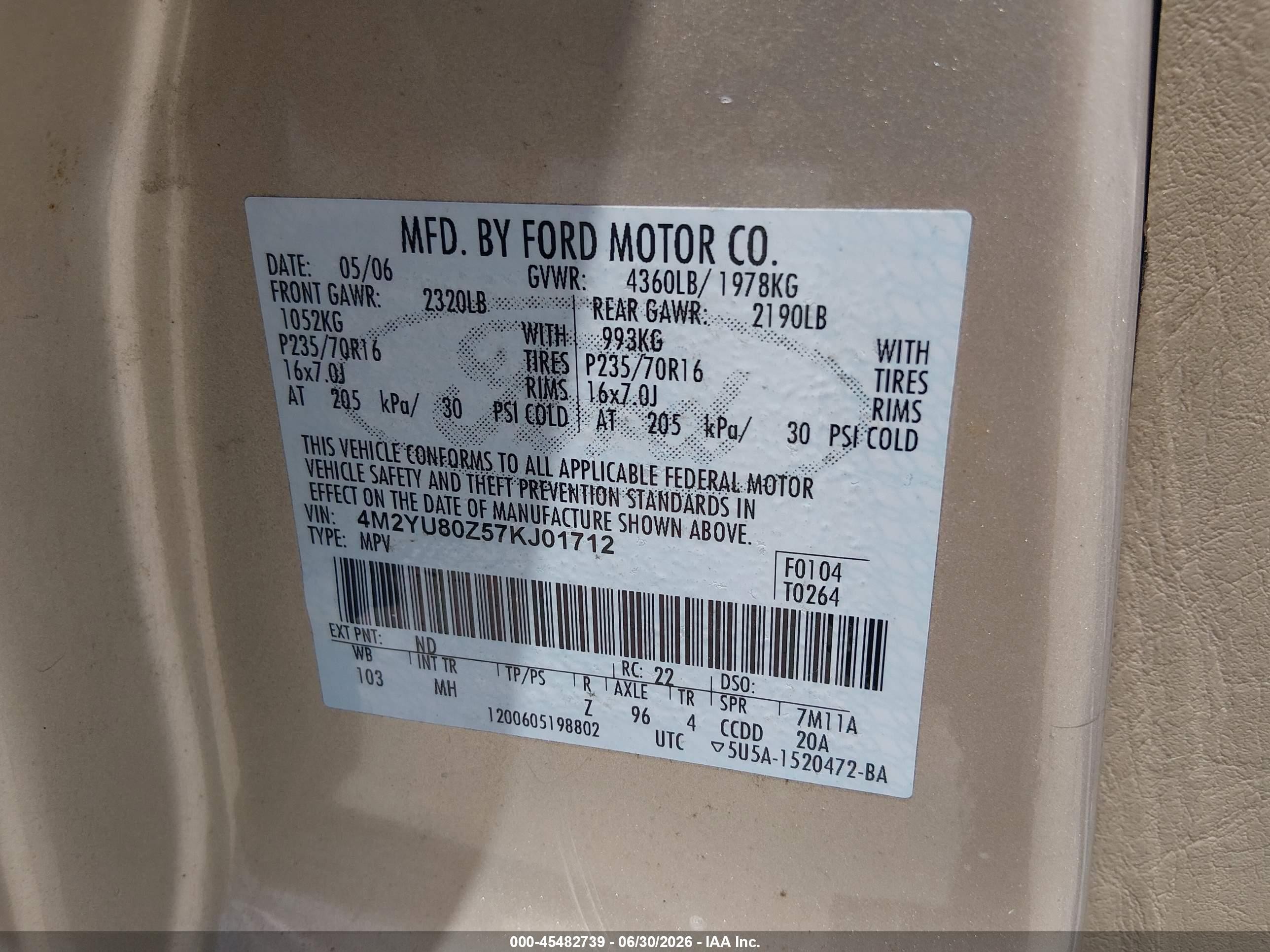 2007 Mercury Mariner Convenience Gold vin: 4M2YU80Z57KJ01712