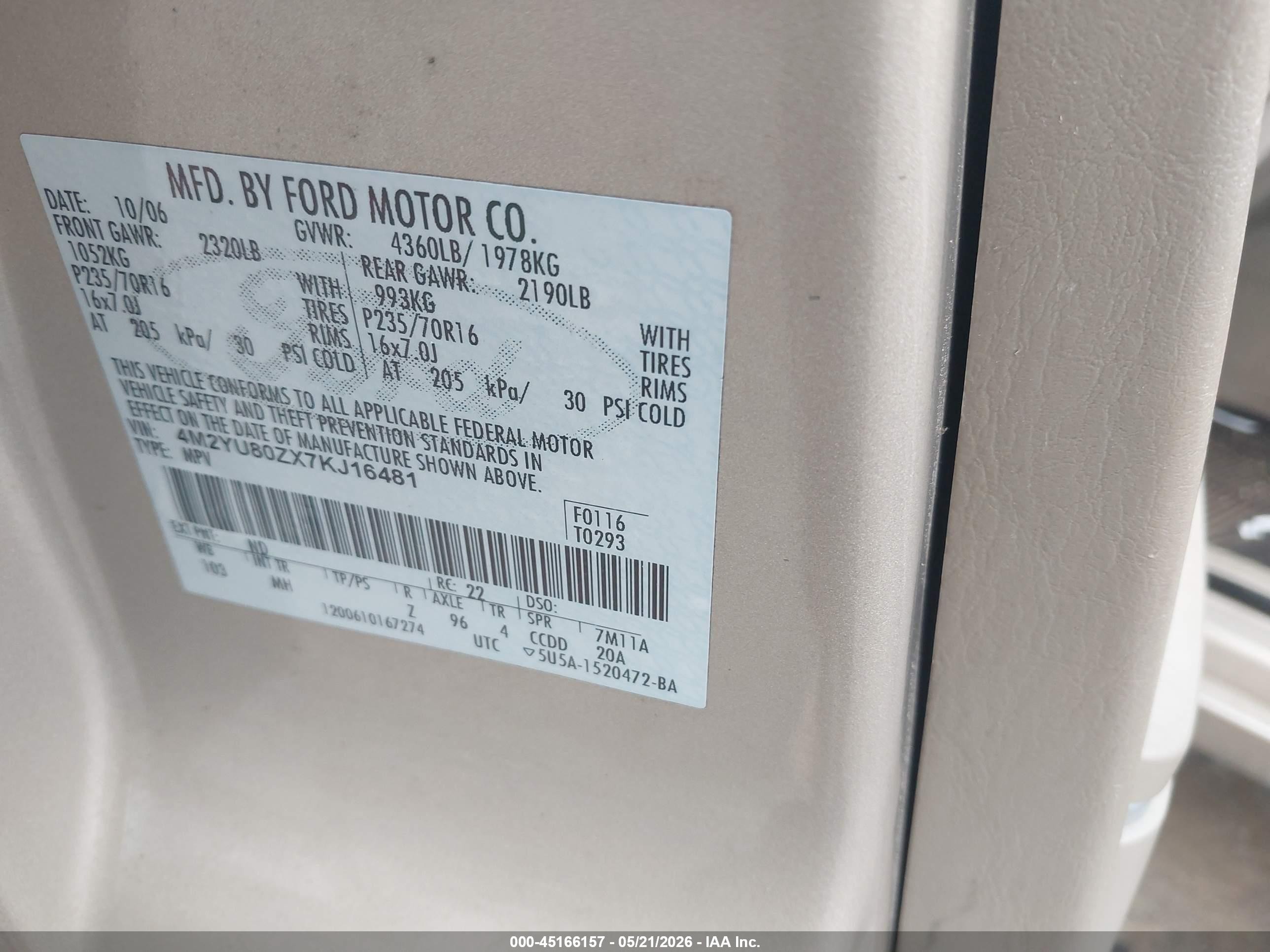 2007 Mercury Mariner Convenience Cream vin: 4M2YU80ZX7KJ16481