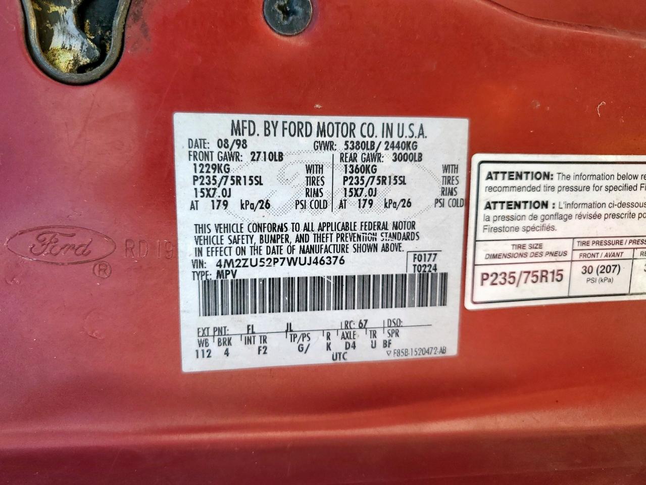 1998 Mercury Mountaineer Red vin: 4M2ZU52P7WUJ46376