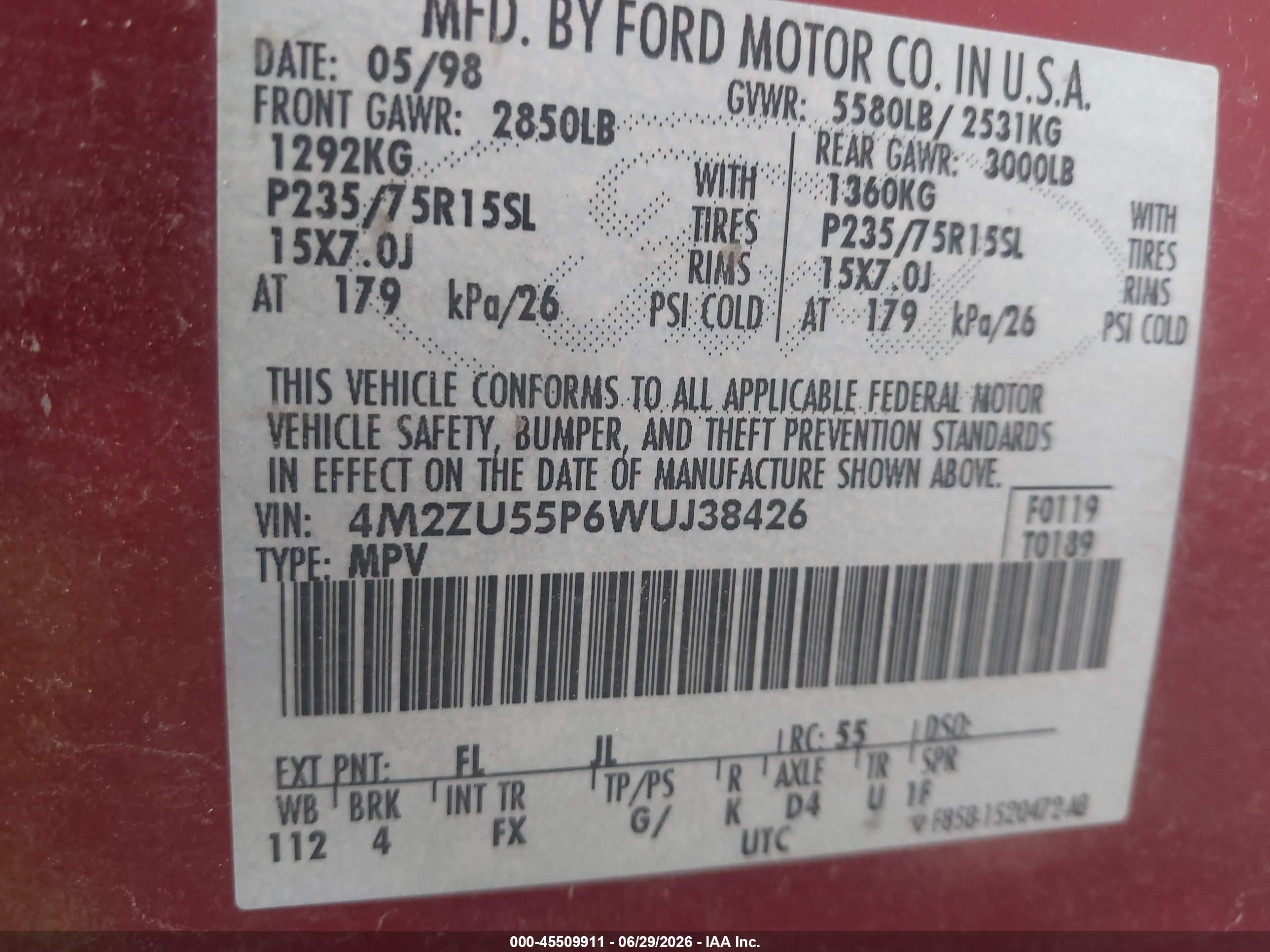 1998 Mercury Mountaineer   Maroon vin: 4M2ZU55P6WUJ38426