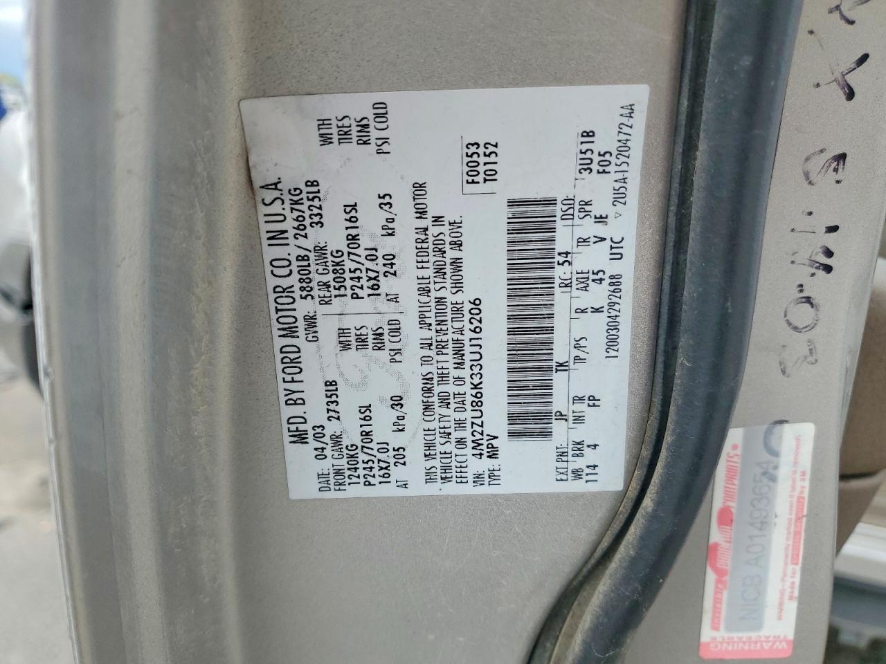 2003 Mercury Mountaineer Silver vin: 4M2ZU86K33UJ16206