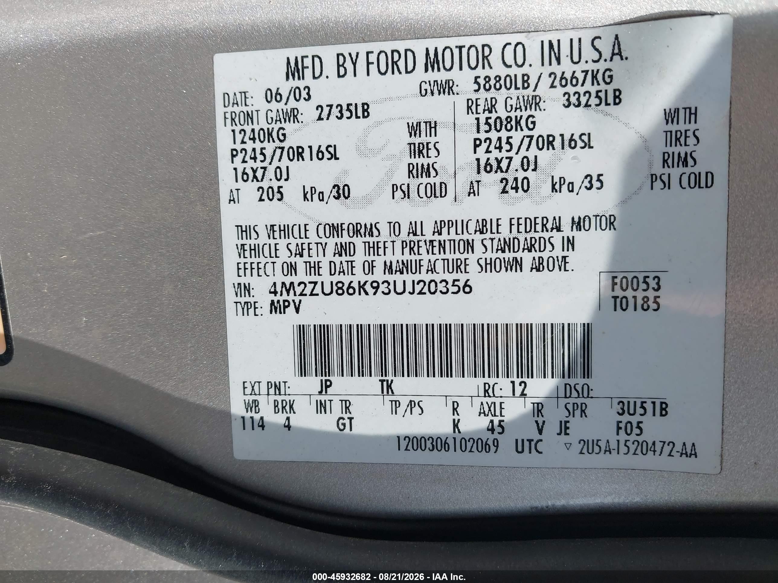 2003 Mercury Mountaineer   Silver vin: 4M2ZU86K93UJ20356
