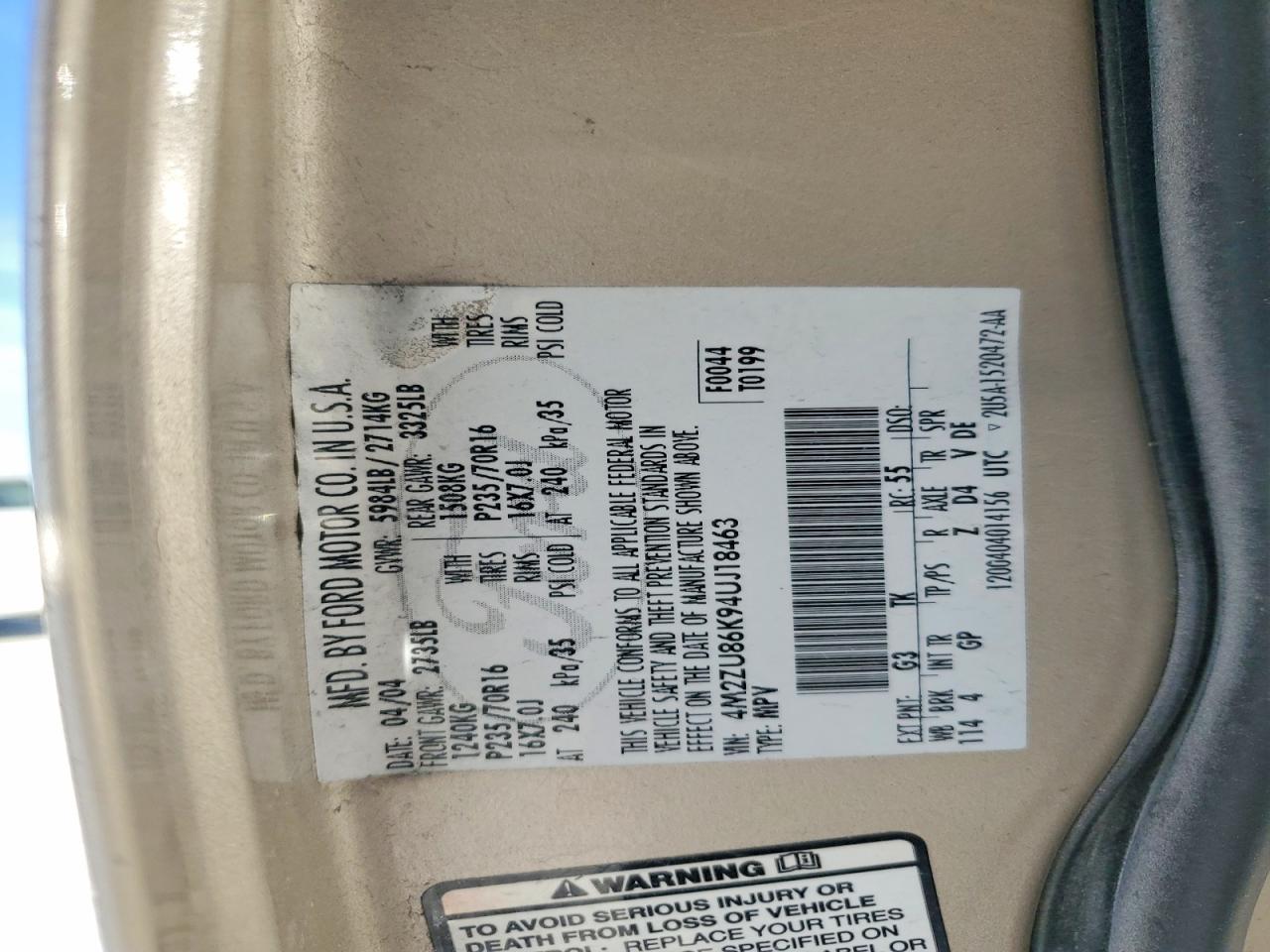 2004 Mercury Mountaineer Tan vin: 4M2ZU86K94UJ18463