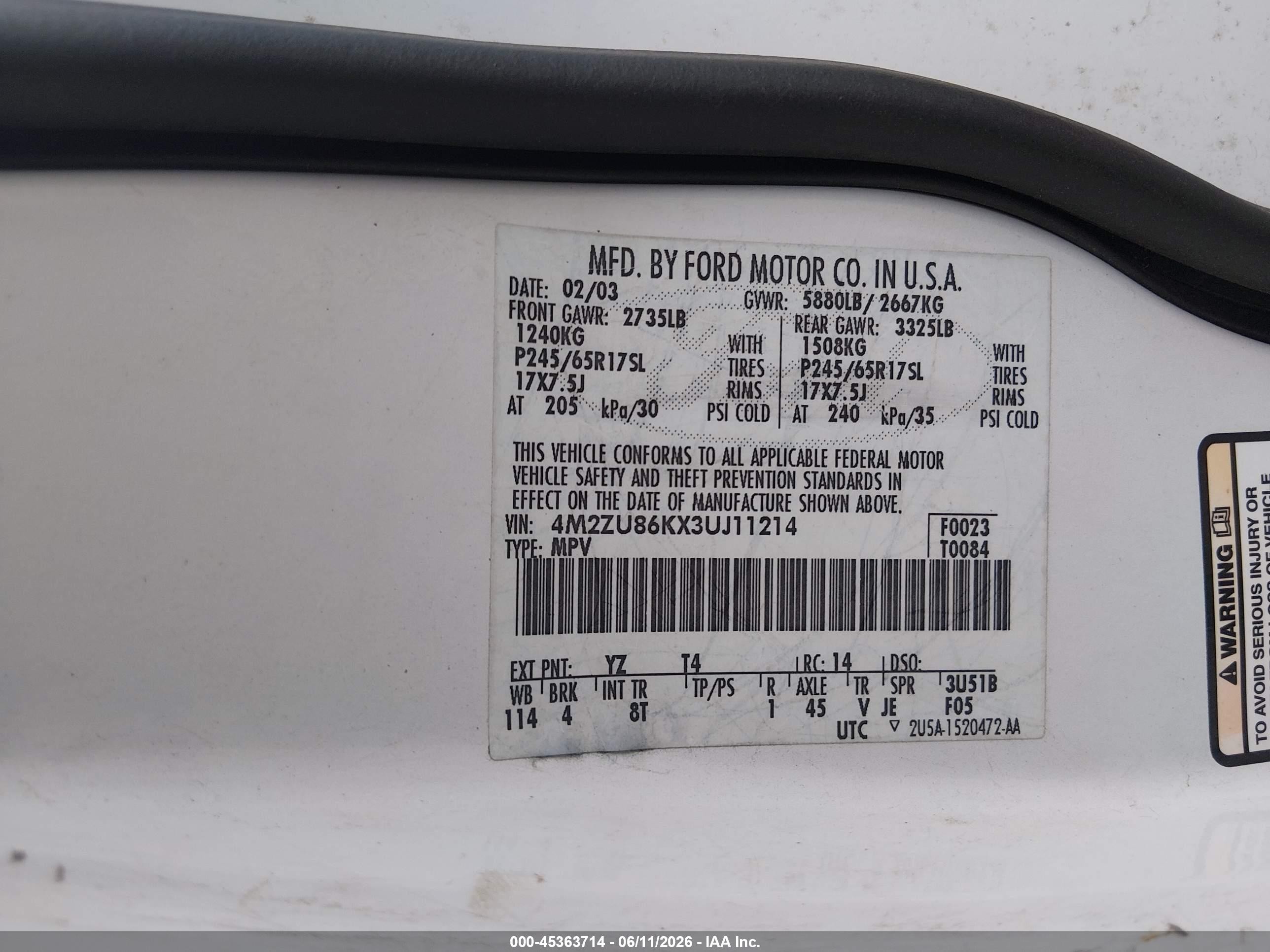 2003 Mercury Mountaineer   White vin: 4M2ZU86KX3UJ11214