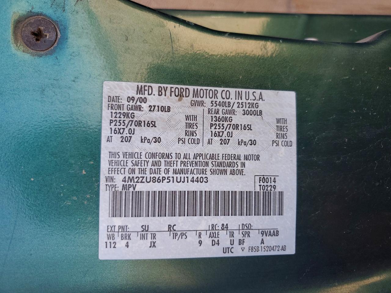 2001 Mercury Mountaineer Green vin: 4M2ZU86P51UJ14403
