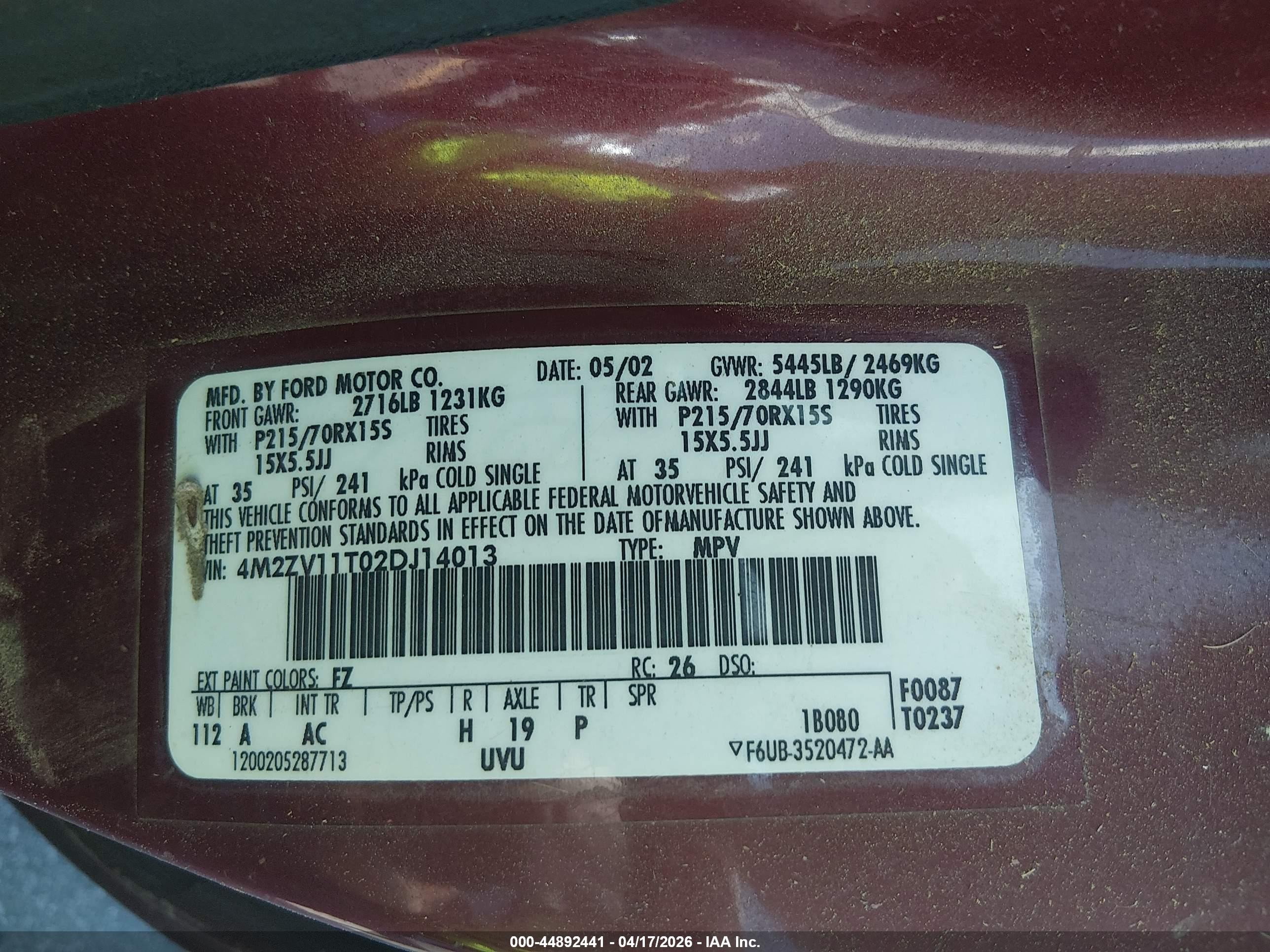 2002 Mercury Villager   Red vin: 4M2ZV11T02DJ14013