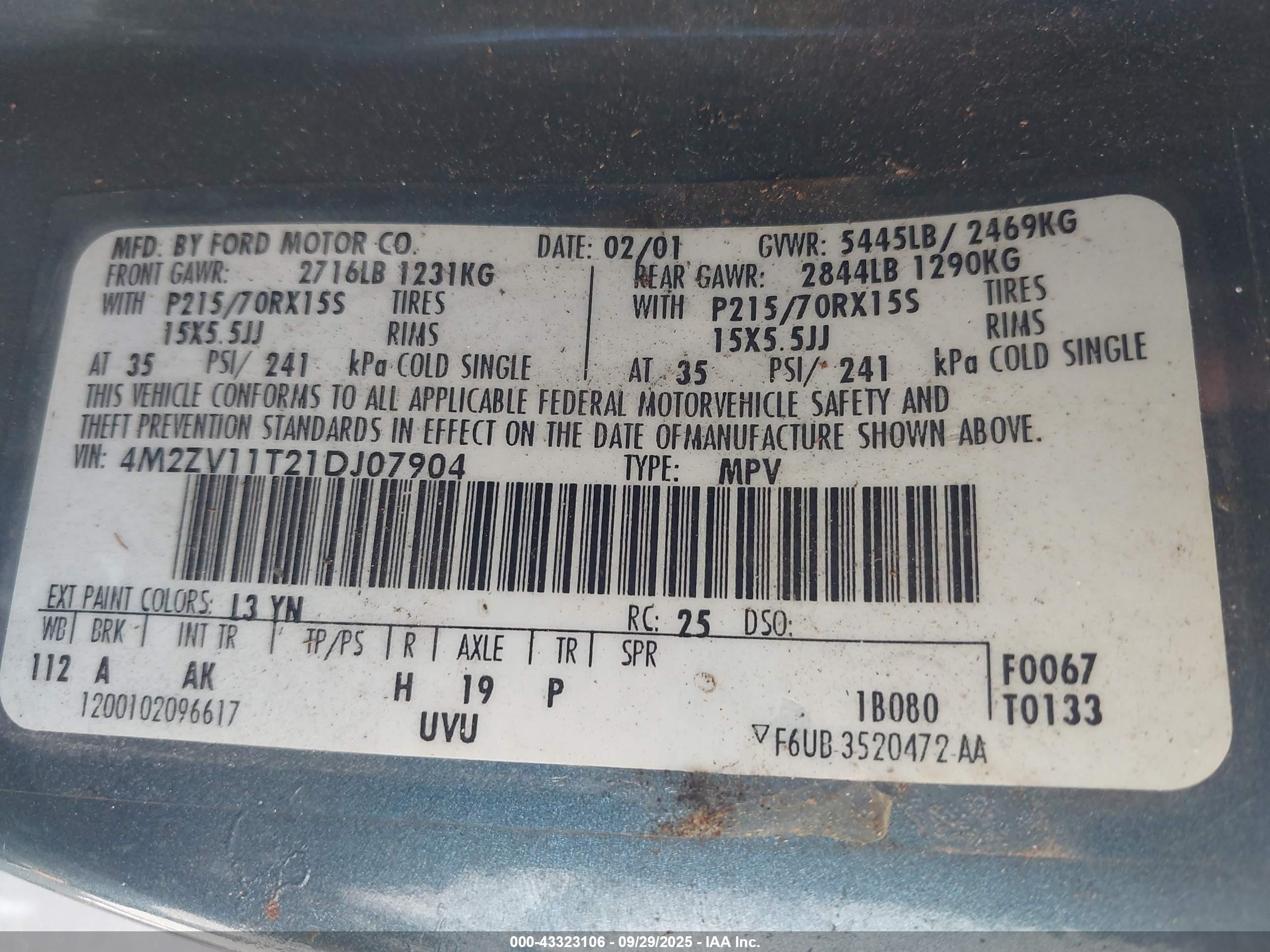 2001 Mercury Villager   Blue vin: 4M2ZV11T21DJ07904