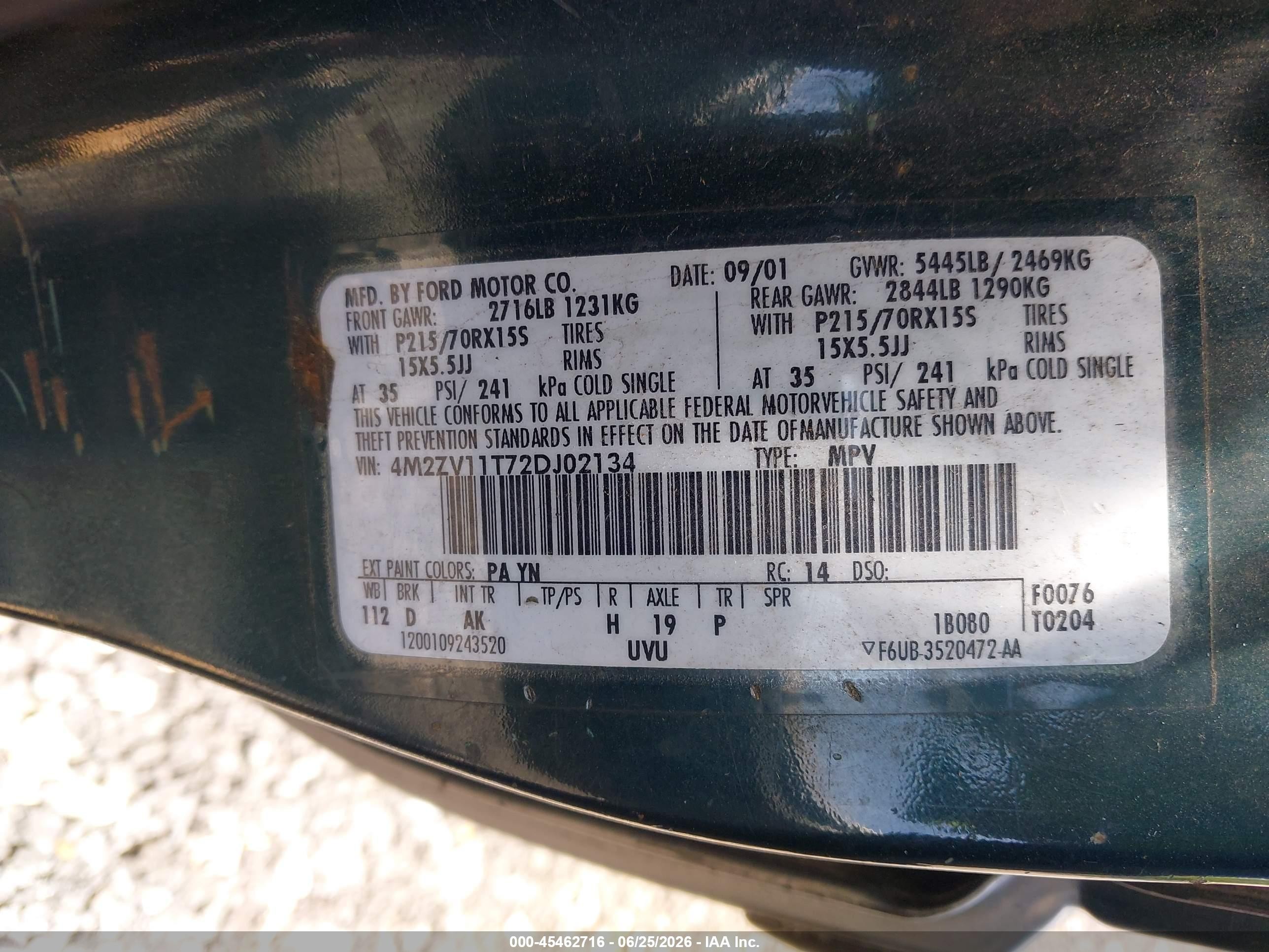 2002 Mercury Villager Value Green vin: 4M2ZV11T72DJ02134