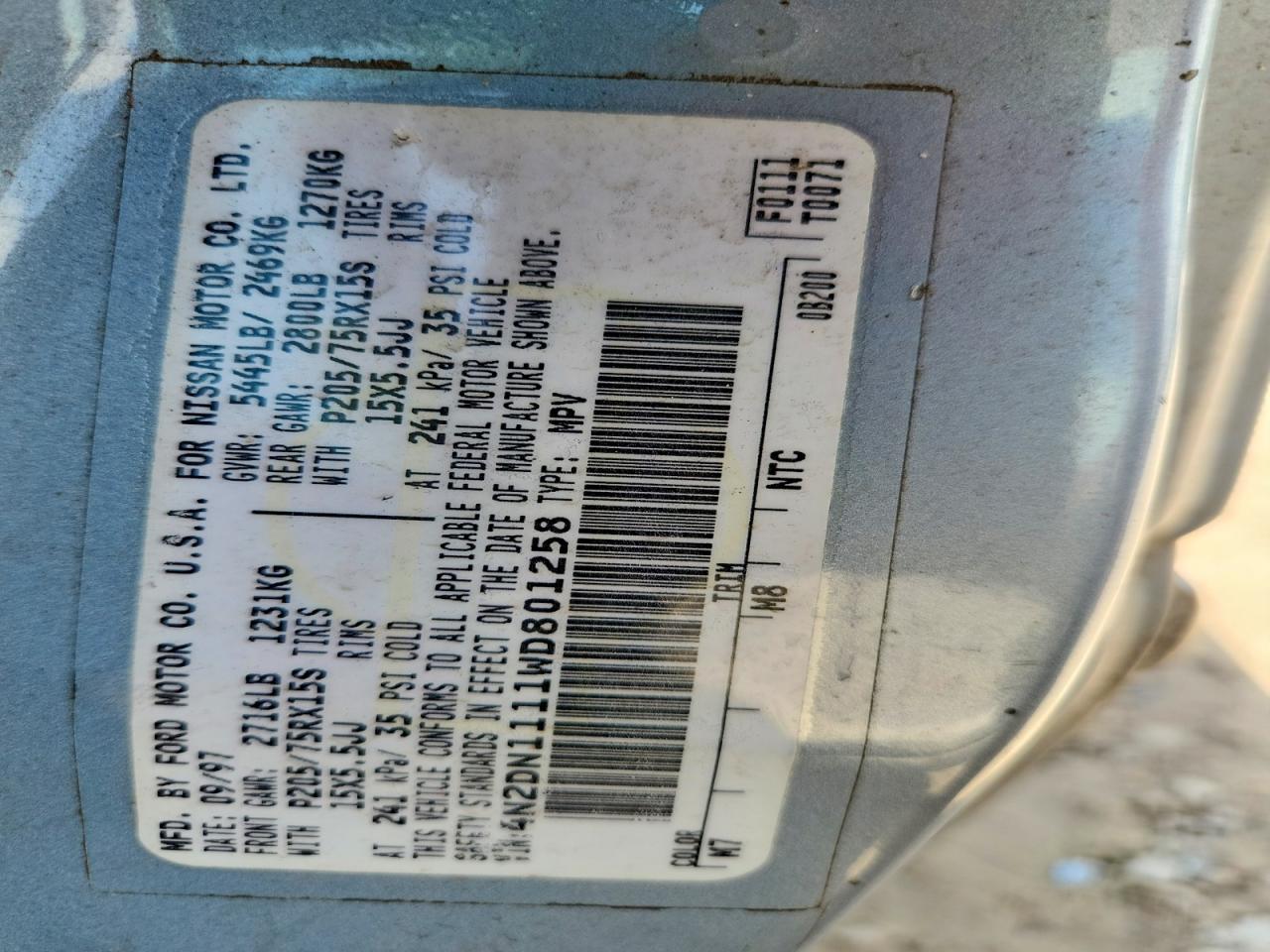 1998 Nissan Quest Xe Blue vin: 4N2DN1111WD801258