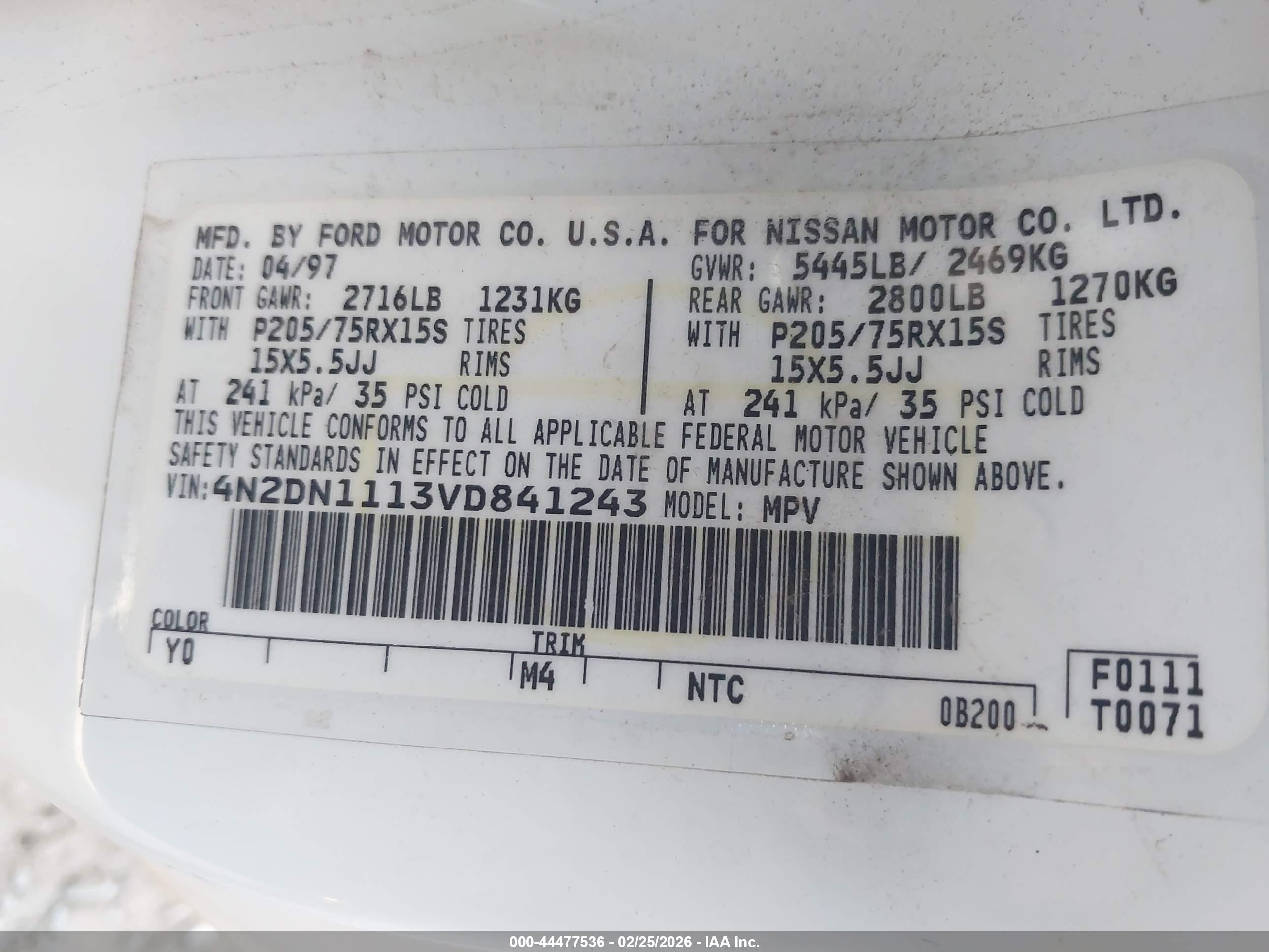 1997 Nissan Quest Gxe/xe Белый vin: 4N2DN1113VD841243