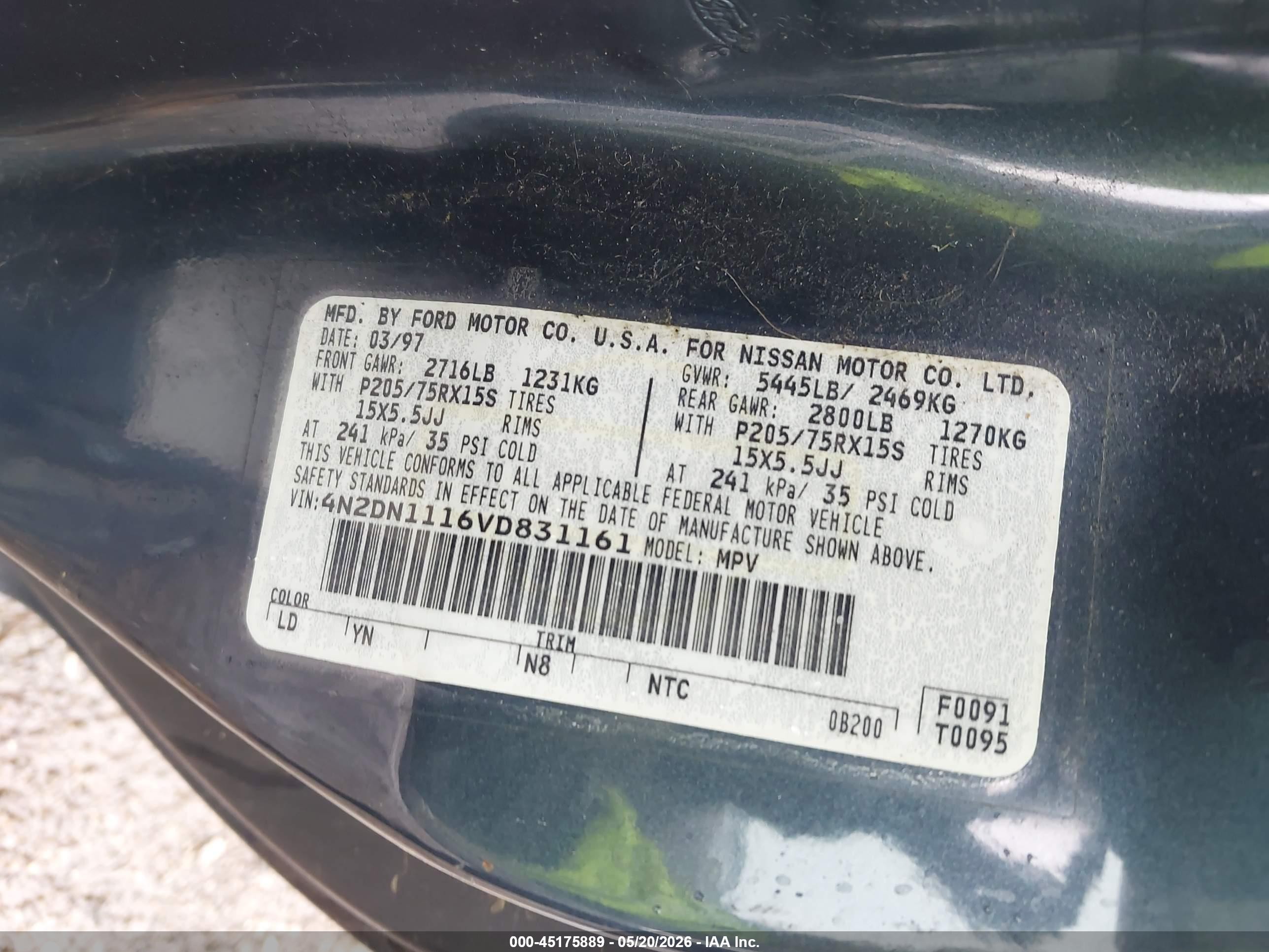 1997 Nissan Quest Gxe/xe Blue vin: 4N2DN1116VD831161