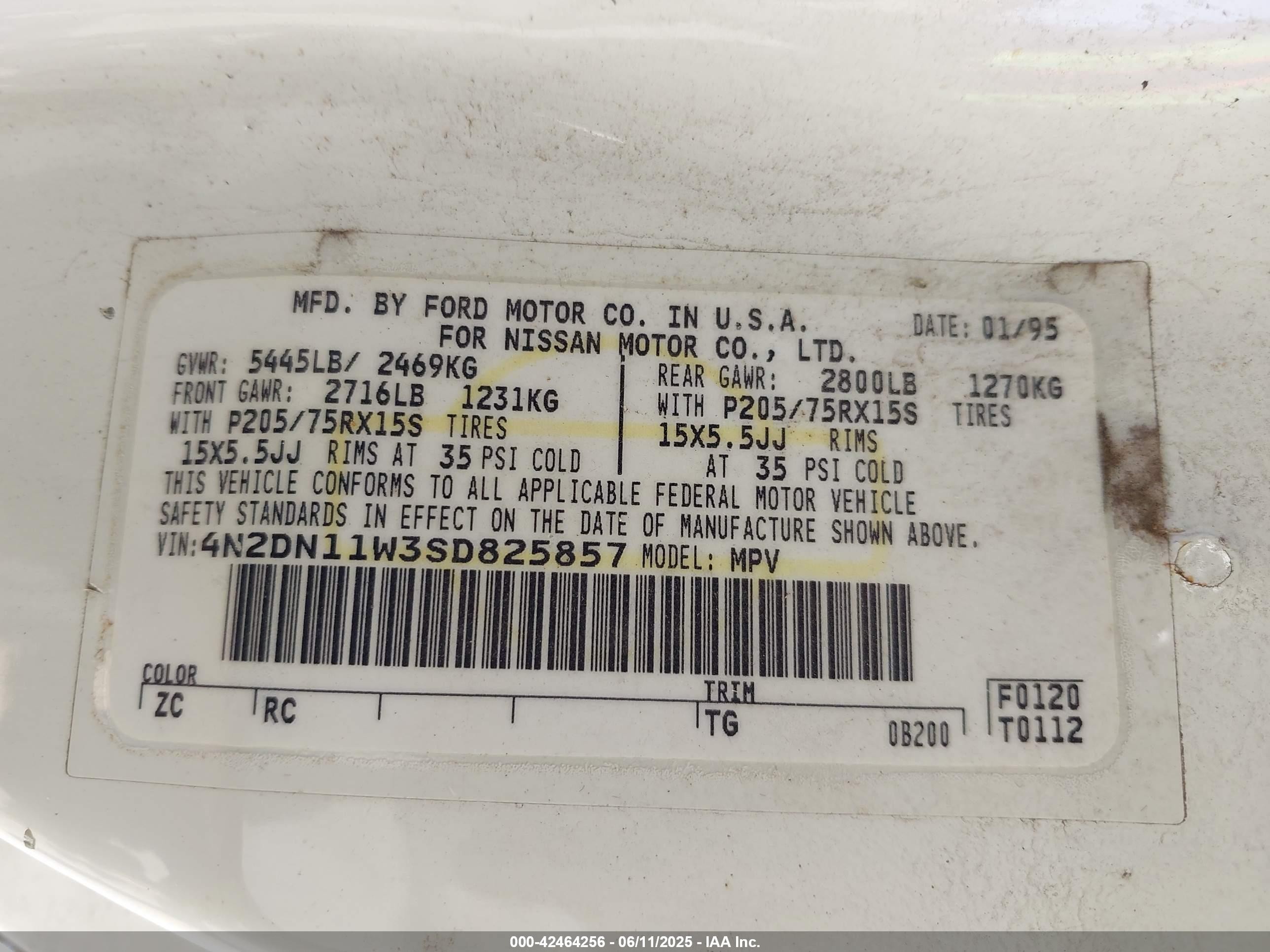1995 Nissan Quest Xe/gxe White vin: 4N2DN11W3SD825857