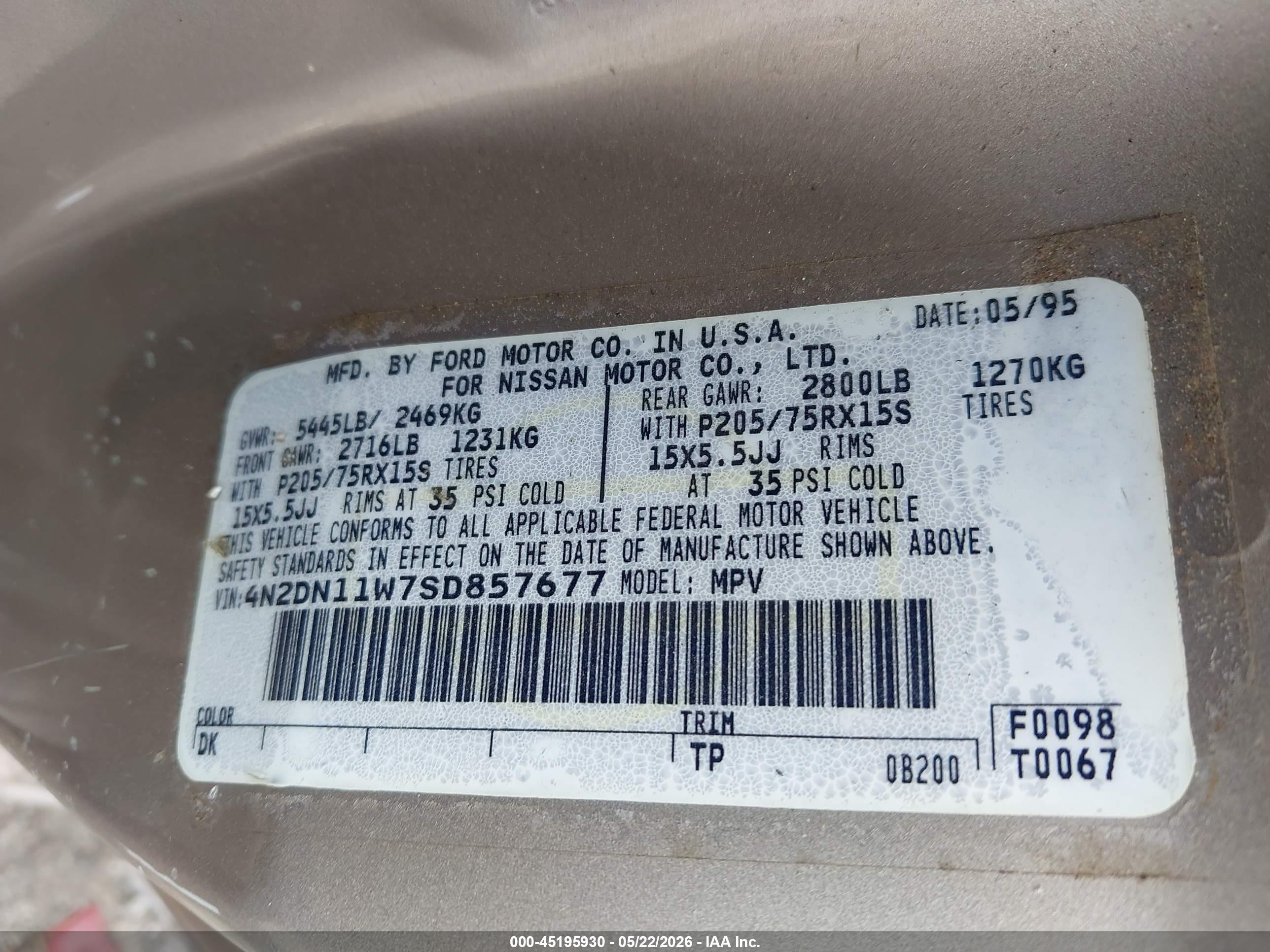1995 Nissan Quest Xe/gxe Tan vin: 4N2DN11W7SD857677