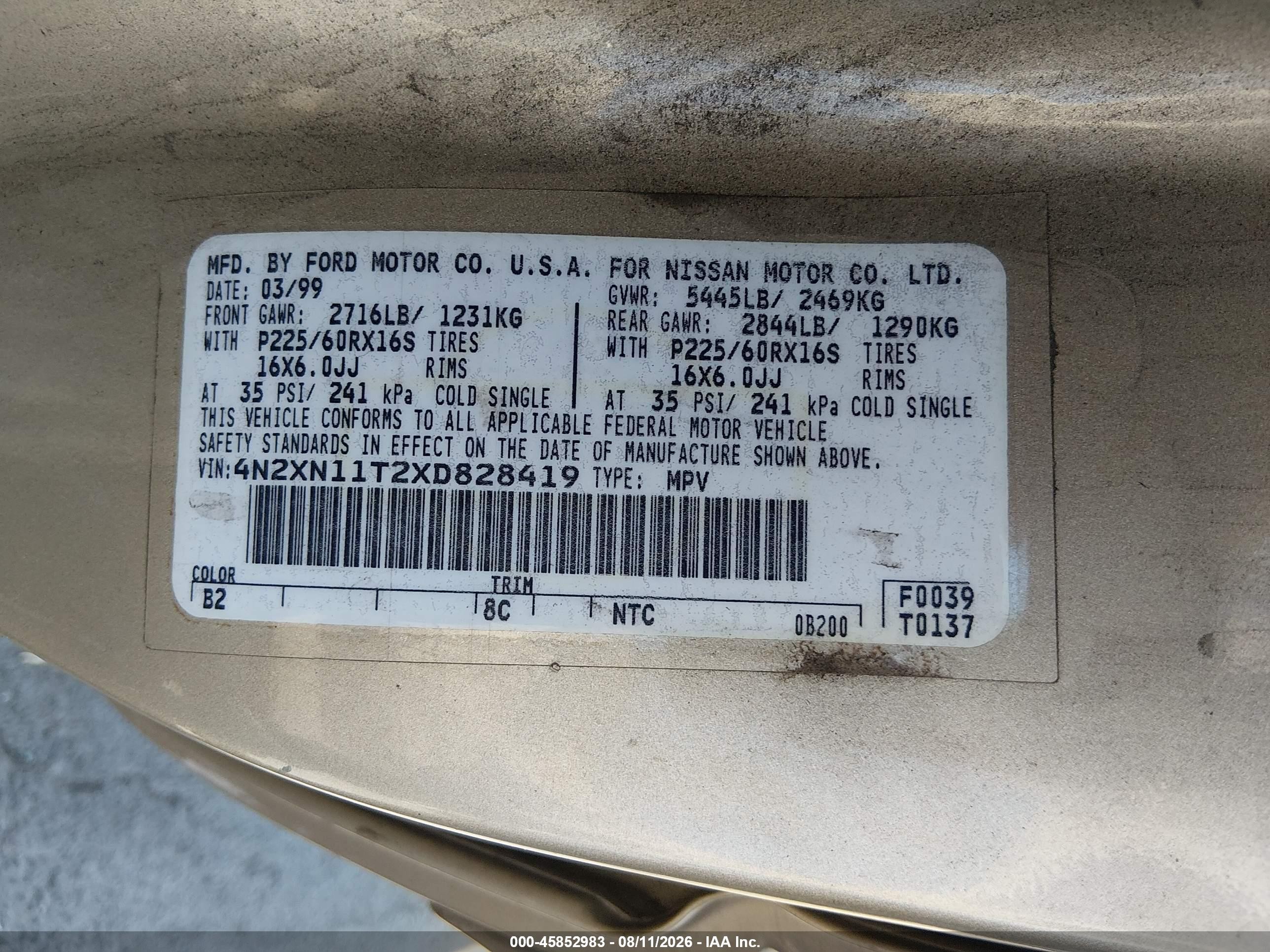 1999 Nissan Quest Gle/gxe/se Gold vin: 4N2XN11T2XD828419