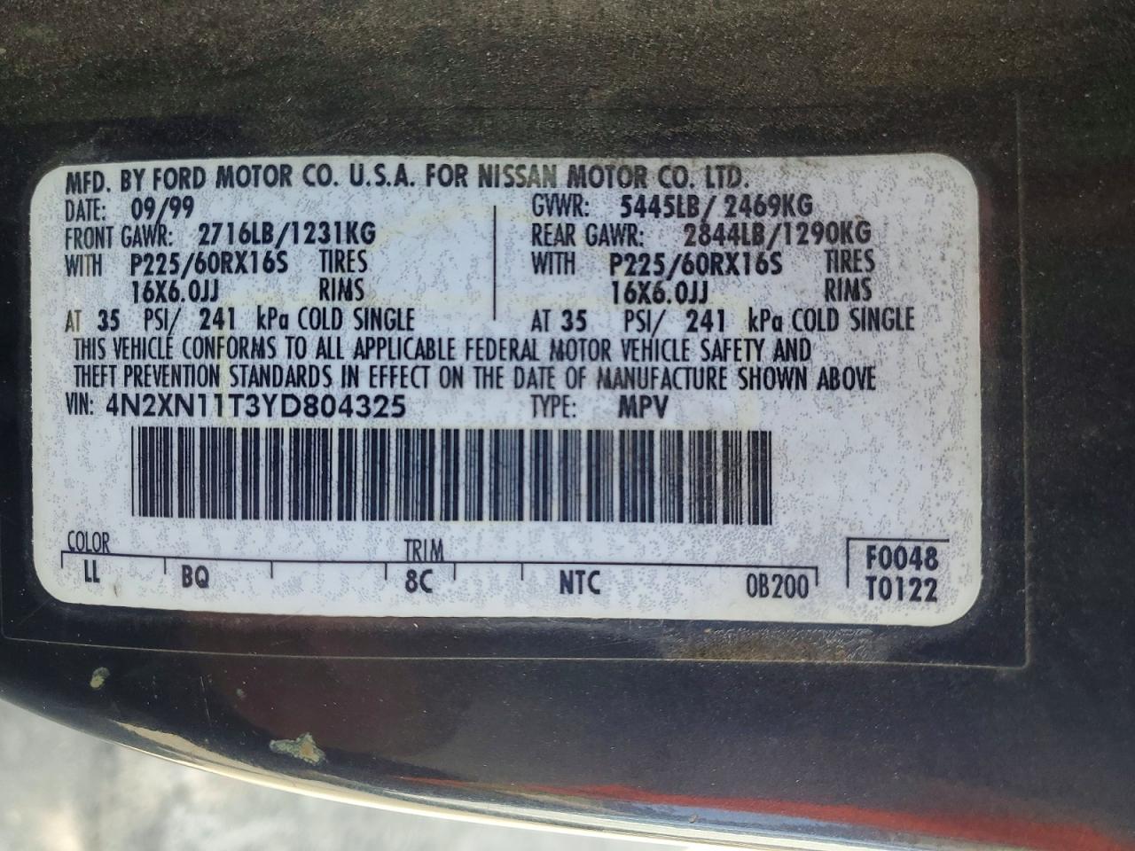 2000 Nissan Quest Gxe Blue vin: 4N2XN11T3YD804325