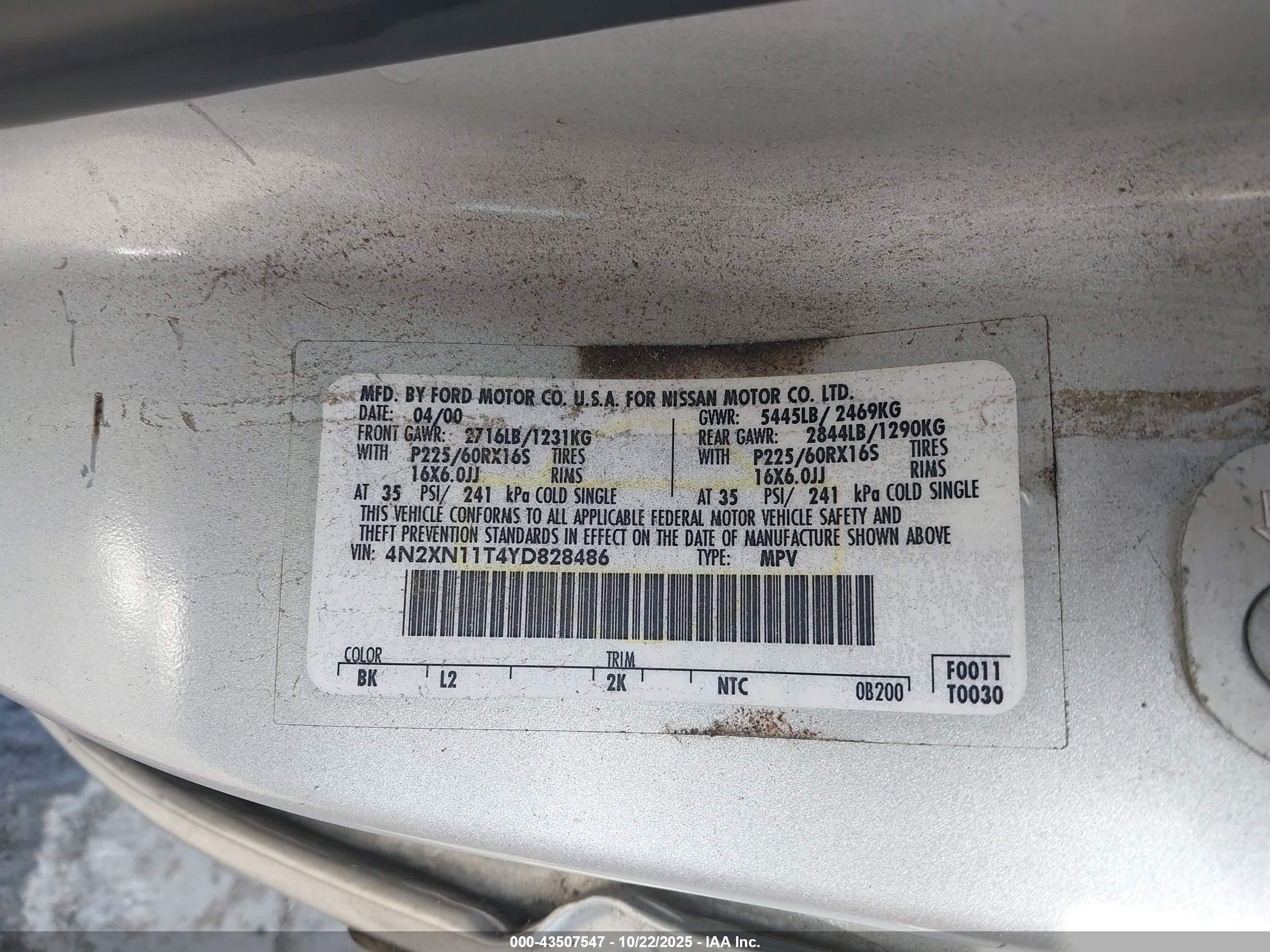 2000 Nissan Quest Gle/gxe/se-cloth/se-leather Серебряный vin: 4N2XN11T4YD828486