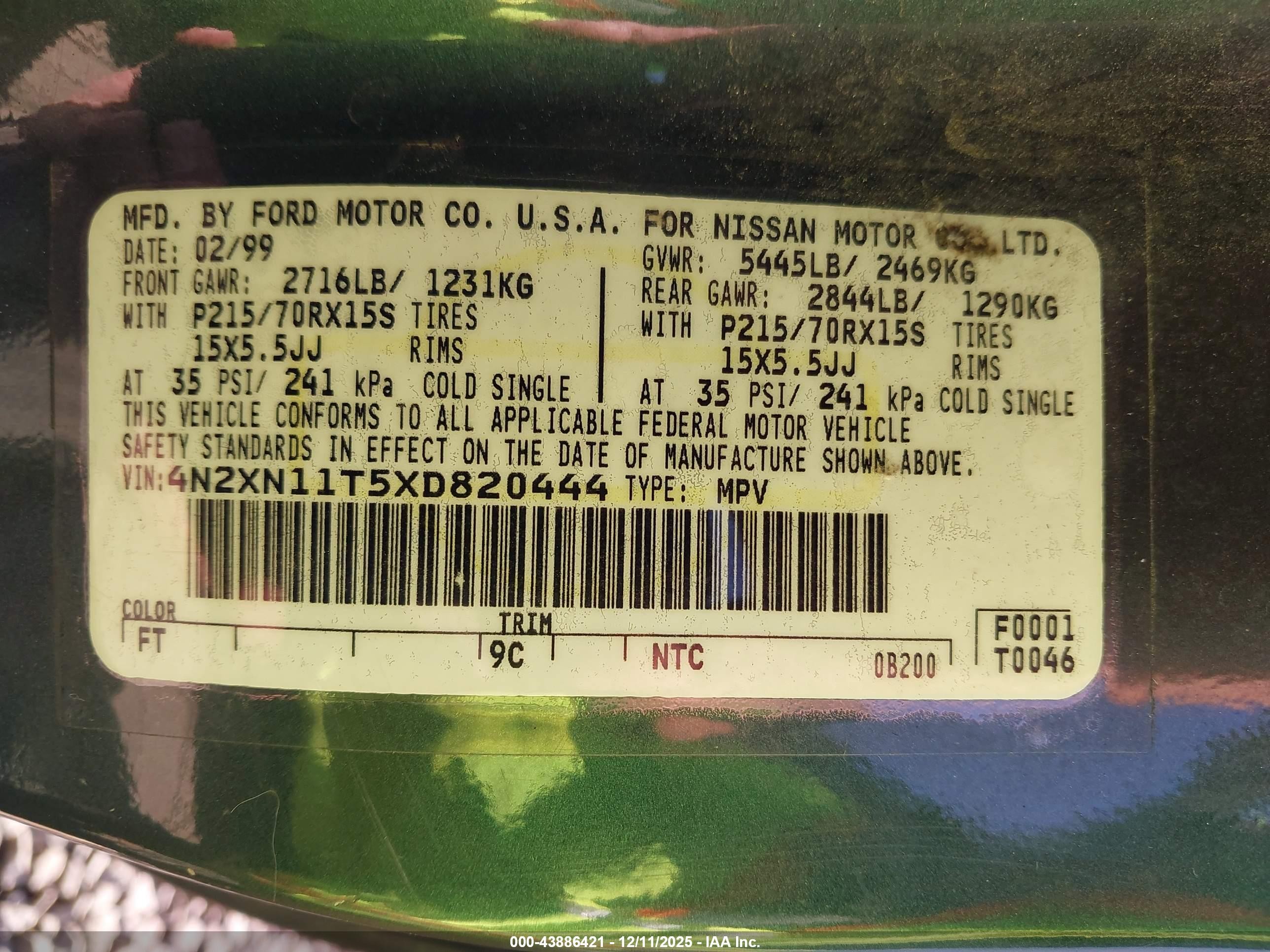 1999 Nissan Quest Se/gle/gxe Green vin: 4N2XN11T5XD820444