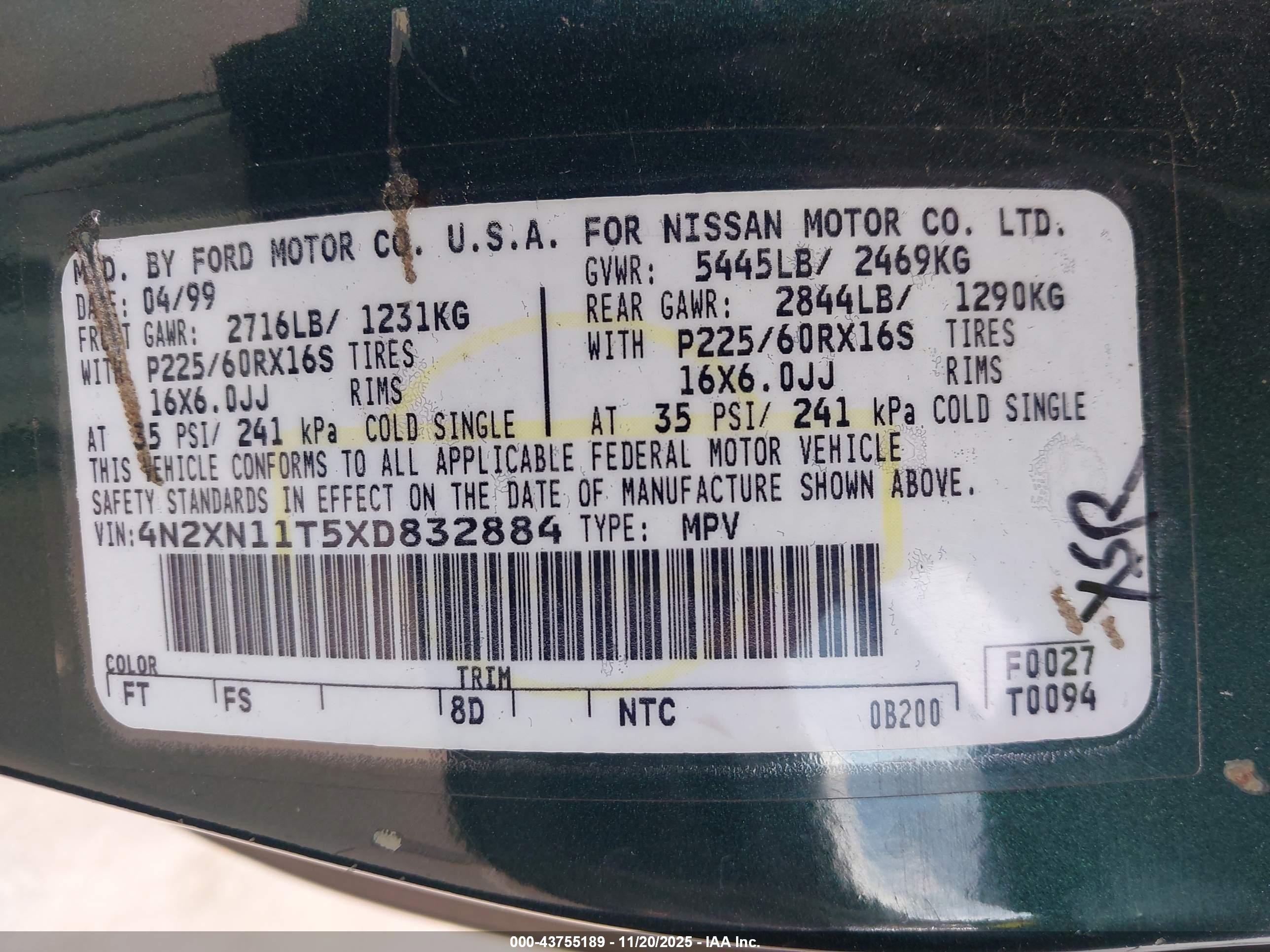 1999 Nissan Quest   Green vin: 4N2XN11T5XD832884