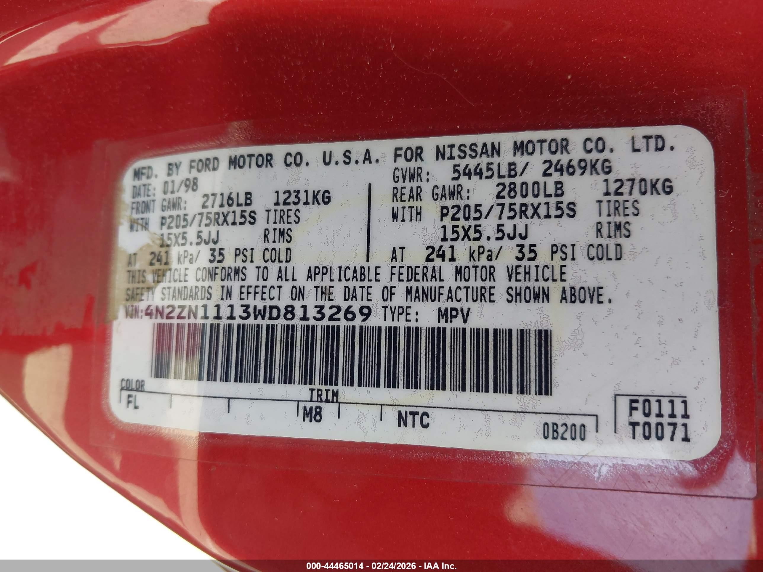 1998 Nissan Quest Gxe/xe Red vin: 4N2ZN1113WD813269