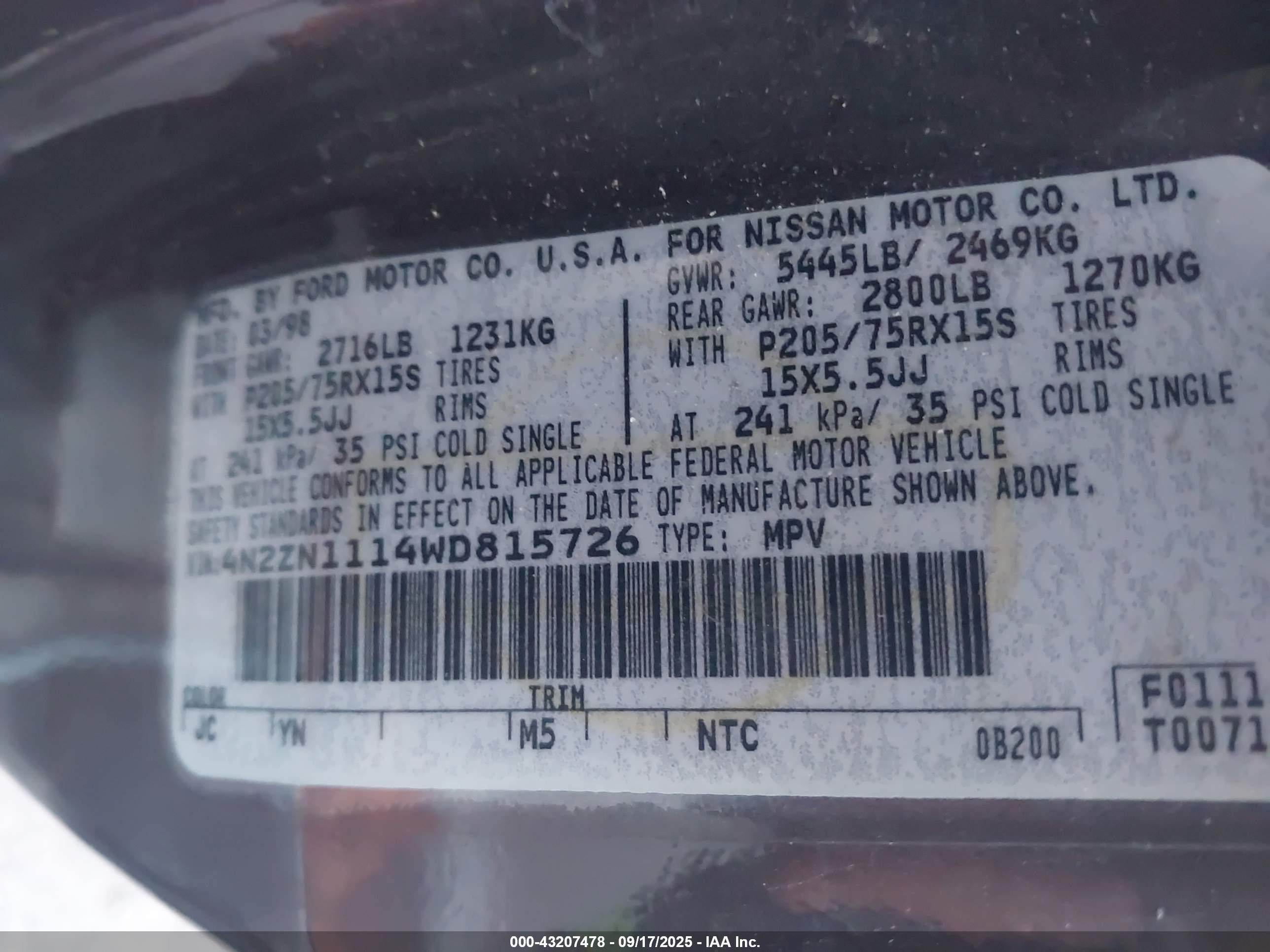 1998 Nissan Quest Gxe/xe Red vin: 4N2ZN1114WD815726