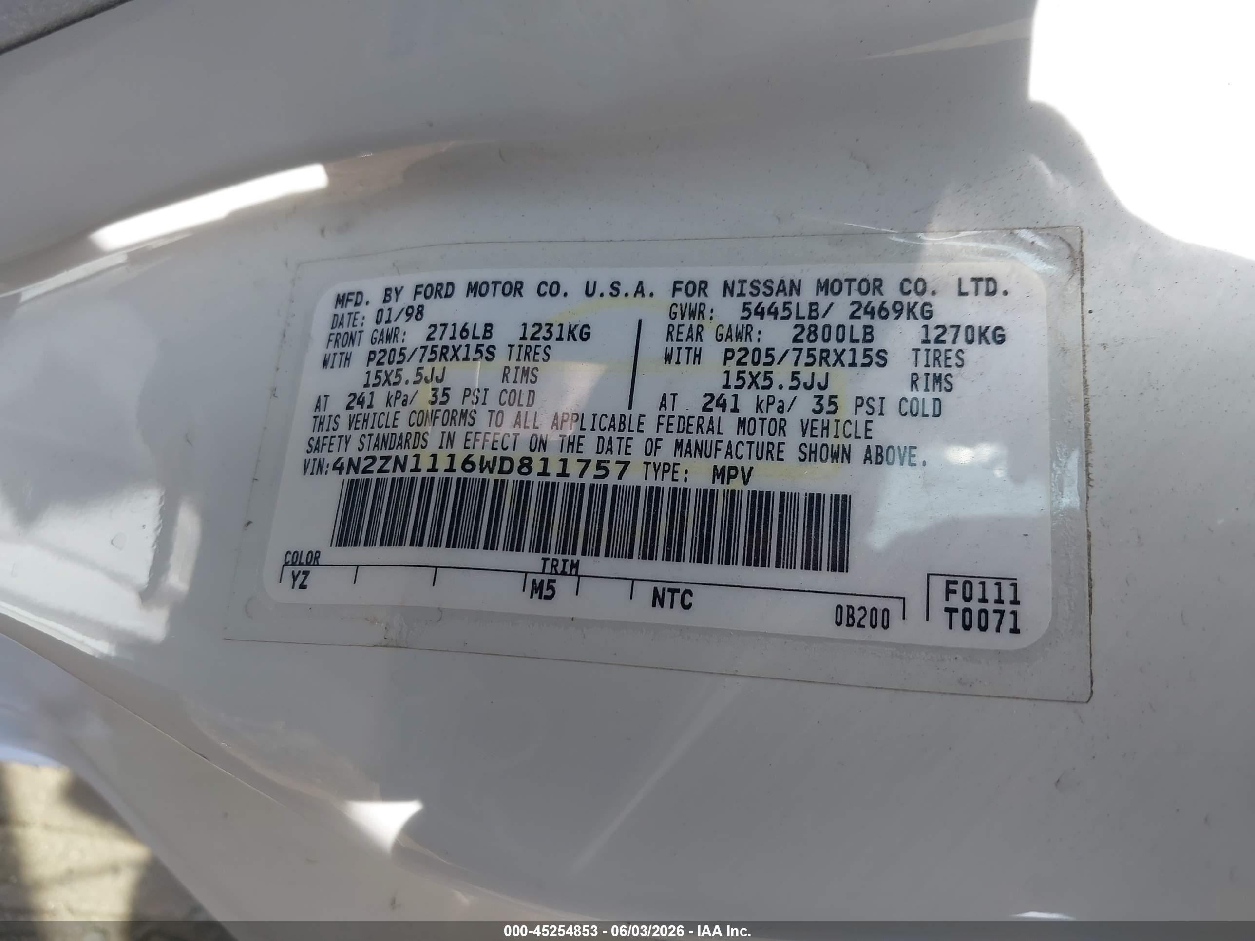 1998 Nissan Quest Gxe/xe White vin: 4N2ZN1116WD811757