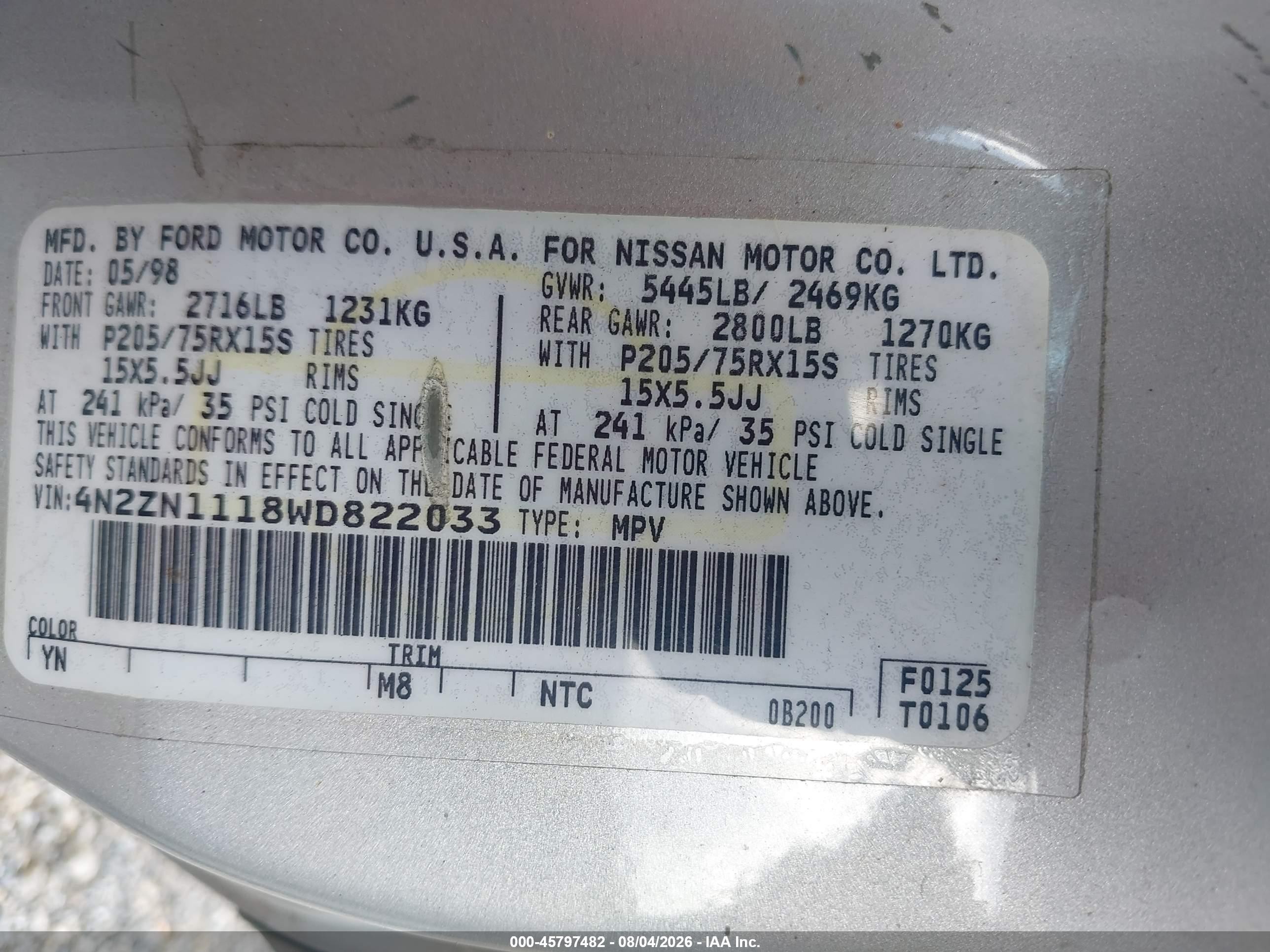 1998 Nissan Quest Gxe/xe Silver vin: 4N2ZN1118WD822033