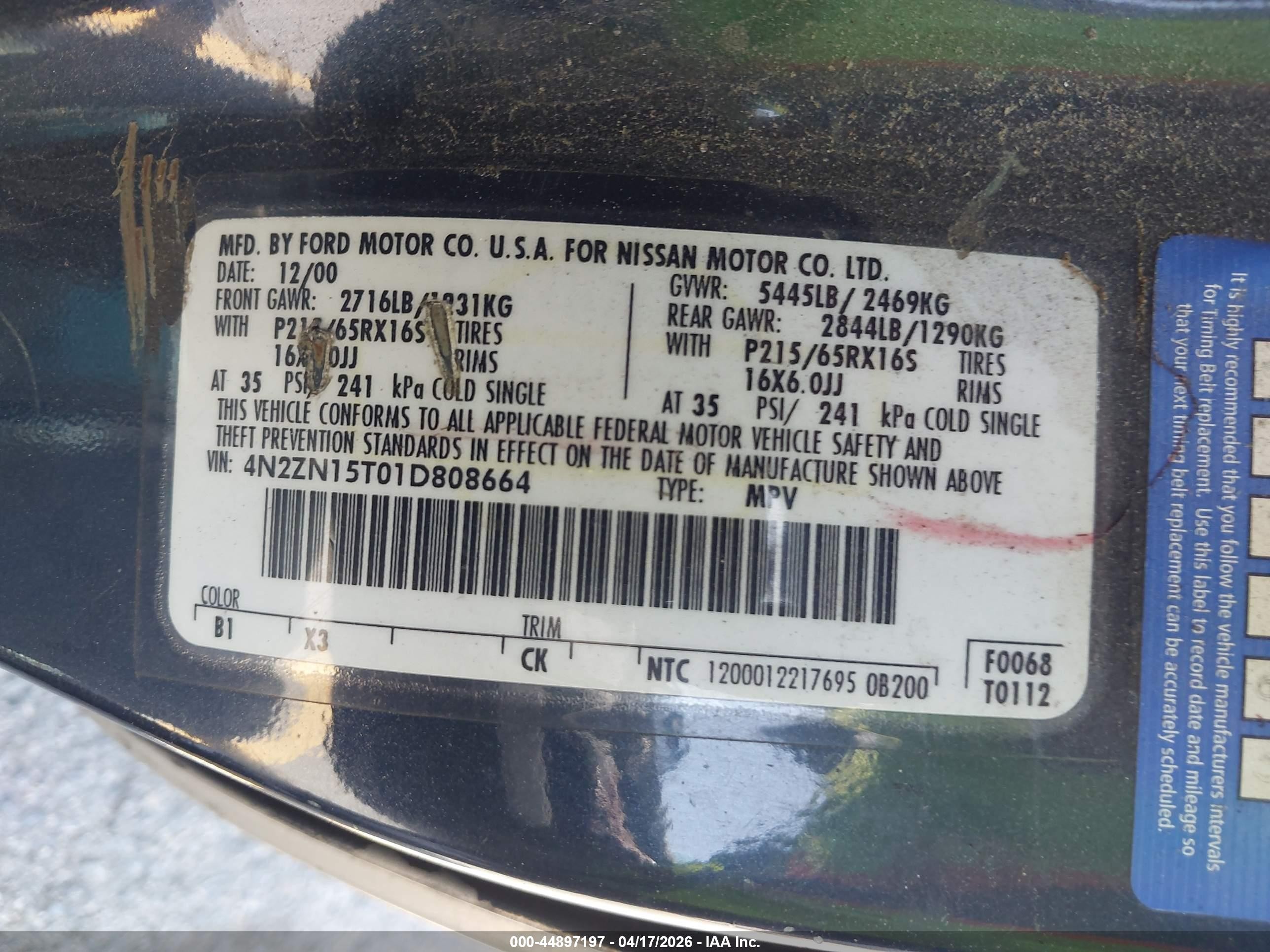 2001 Nissan Quest Gxe Черный vin: 4N2ZN15T01D808664