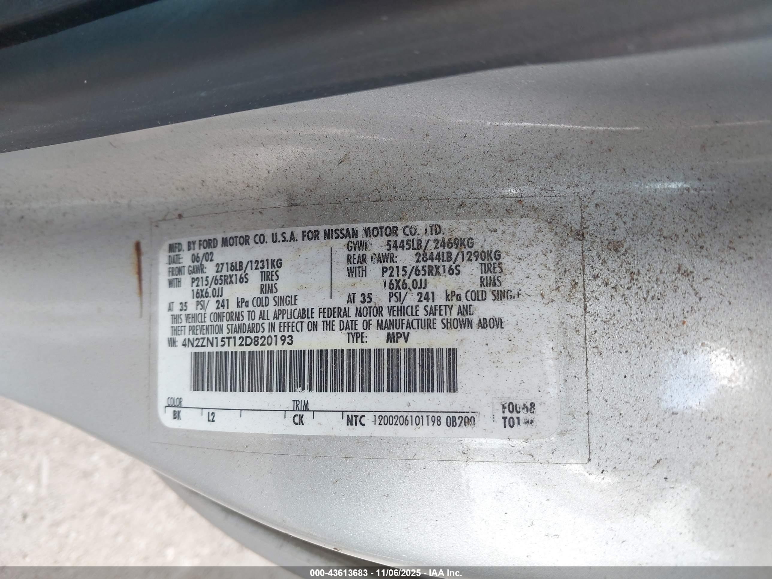 2002 Nissan Quest Gxe Gray vin: 4N2ZN15T12D820193