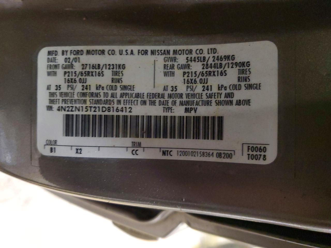 2001 Nissan Quest Gxe Tan vin: 4N2ZN15T21D816412