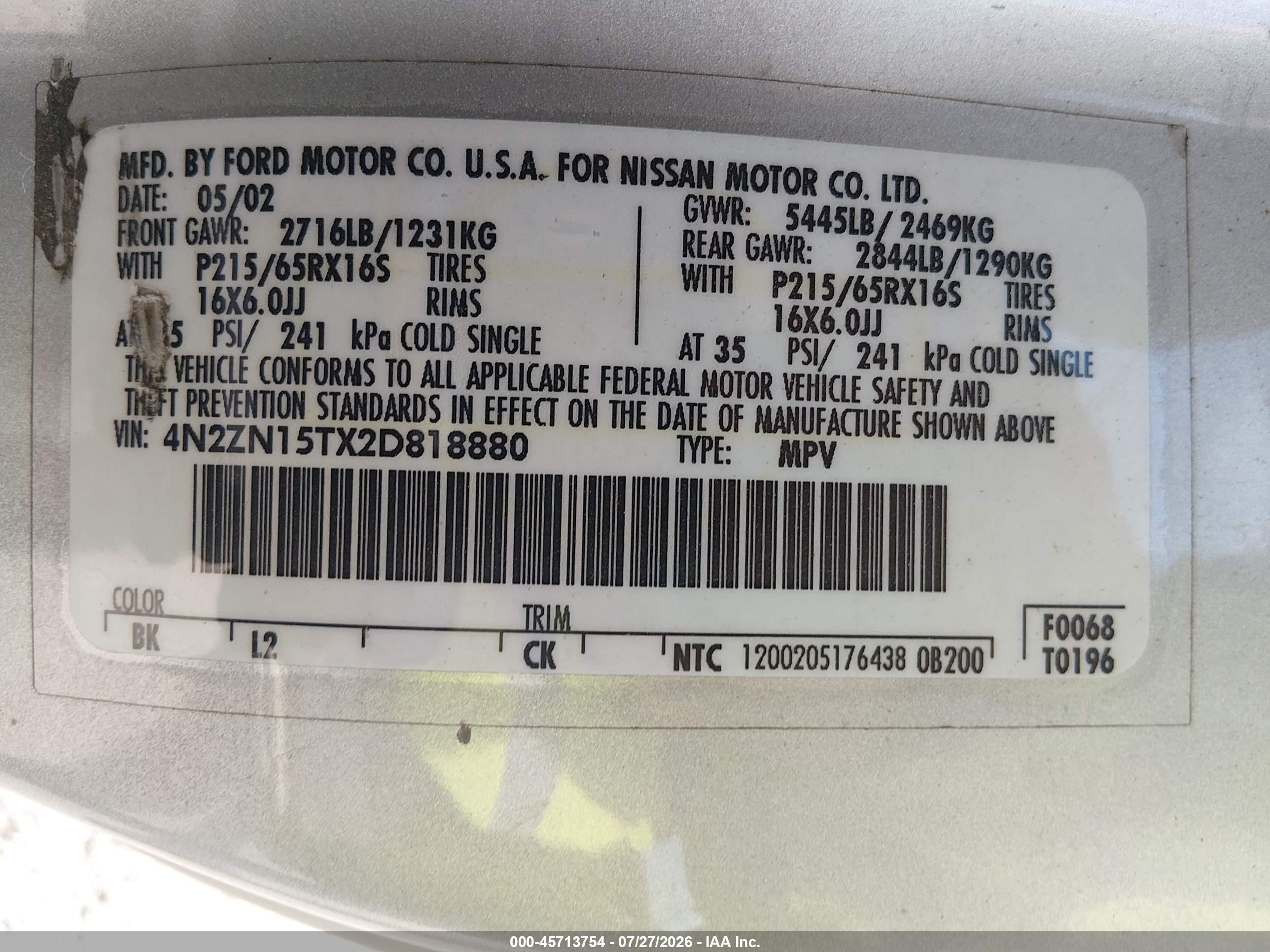 2002 Nissan Quest Gxe Silver vin: 4N2ZN15TX2D818880