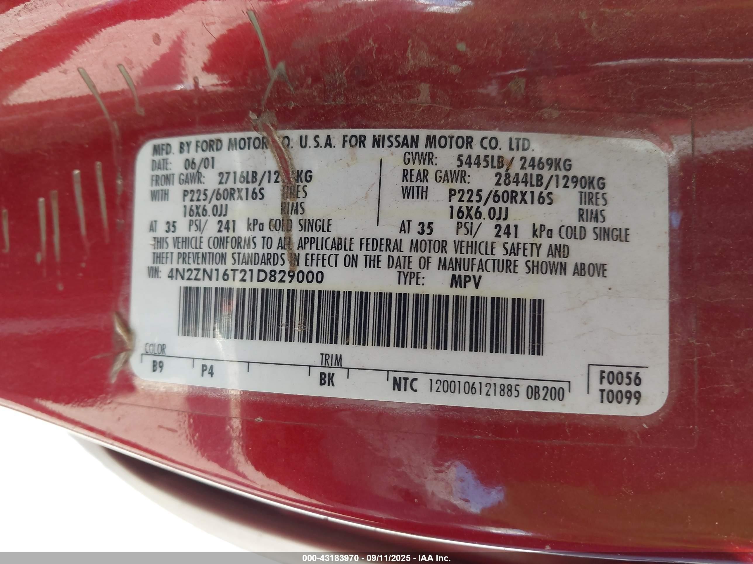 2001 Nissan Quest Se Red vin: 4N2ZN16T21D829000