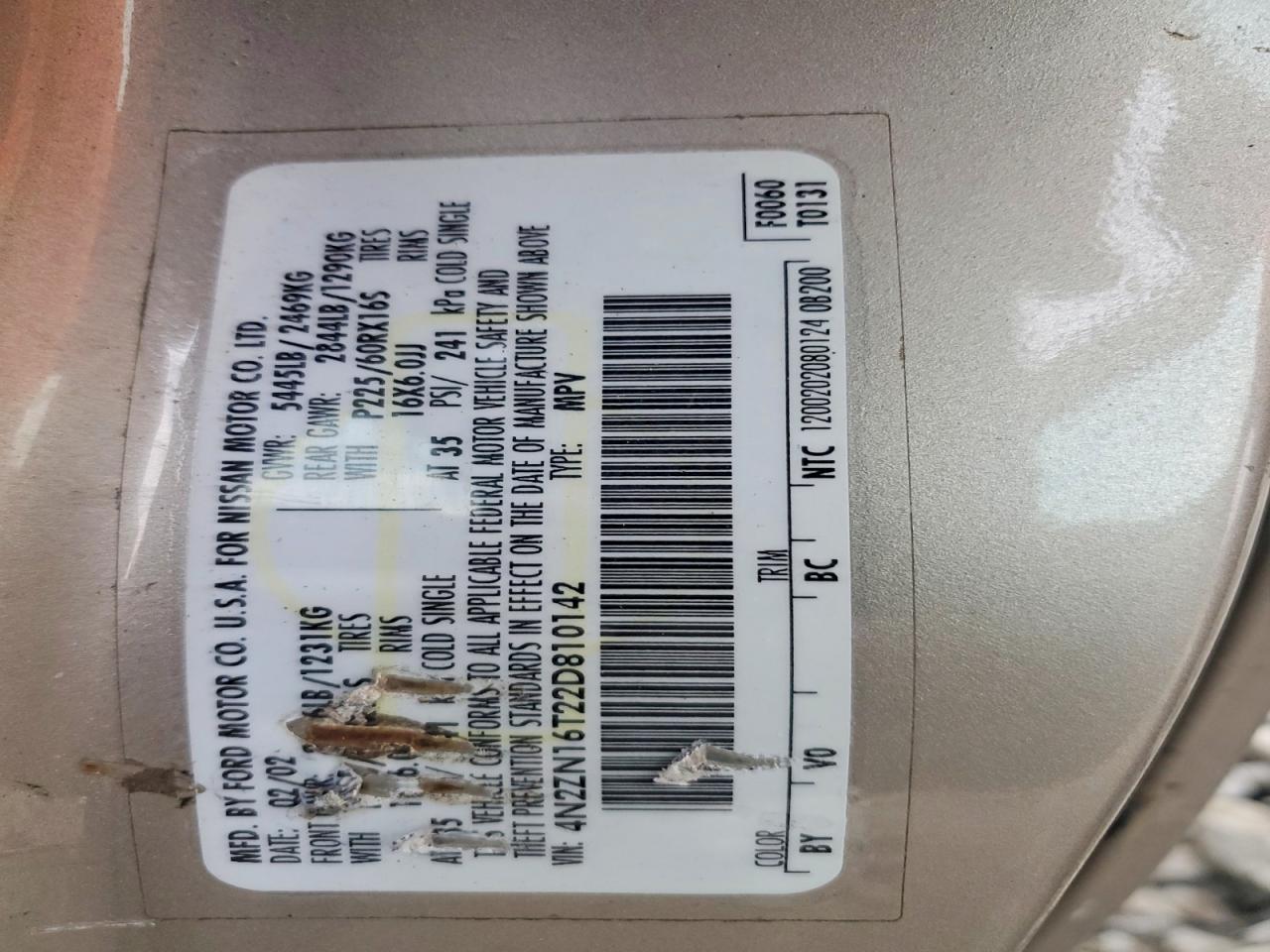 2002 Nissan Quest Se Tan vin: 4N2ZN16T22D810142