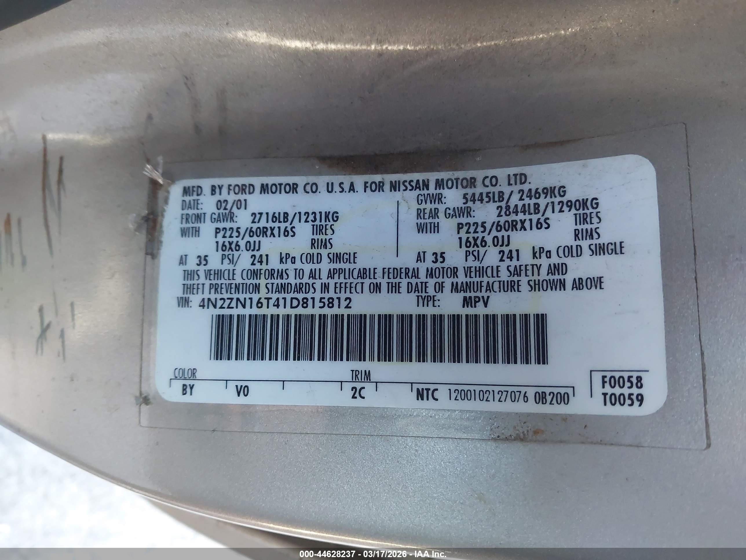 2001 Nissan Quest Se Gold vin: 4N2ZN16T41D815812
