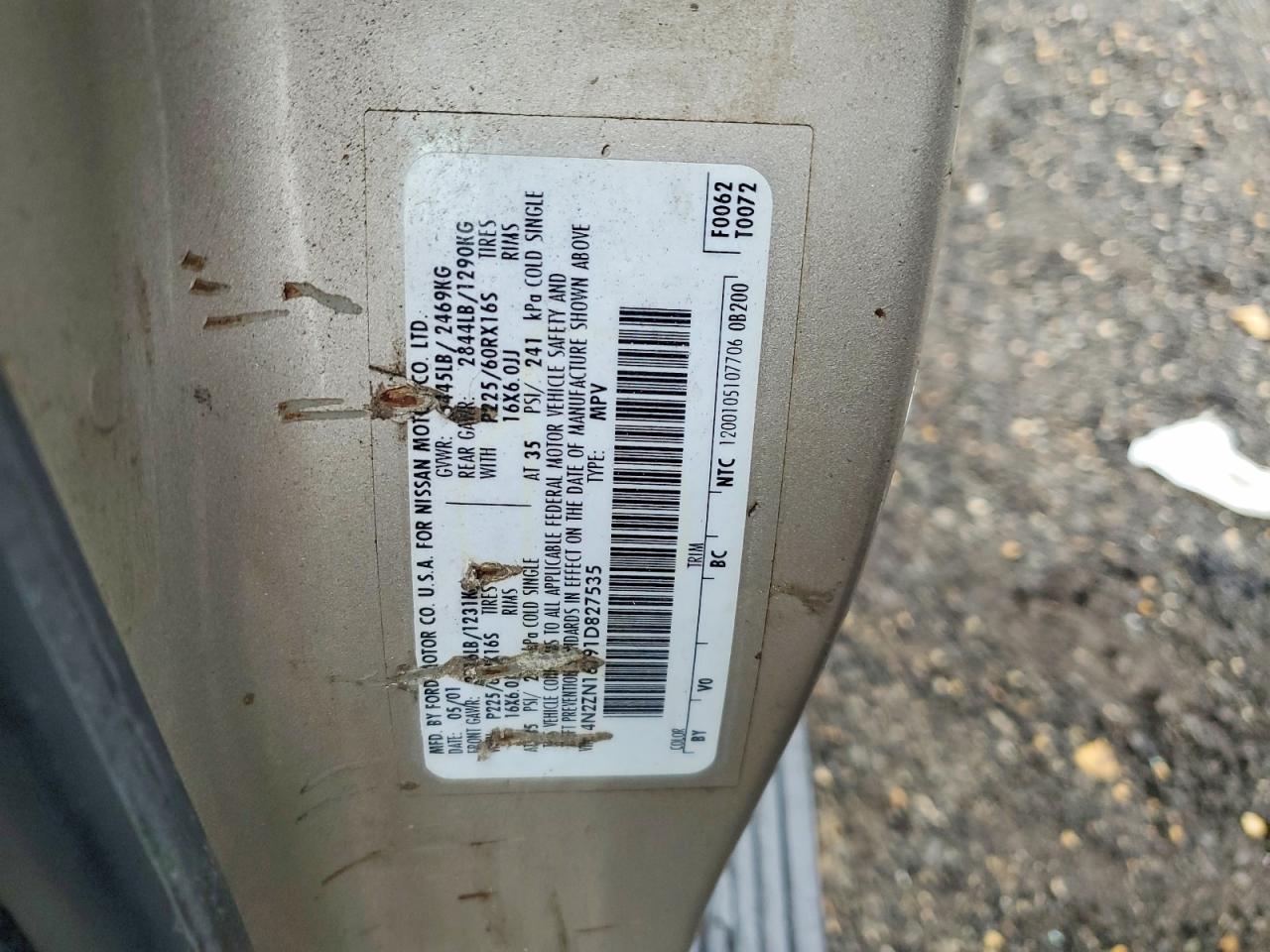 2001 Nissan Quest Se Золотой vin: 4N2ZN16T91D827535