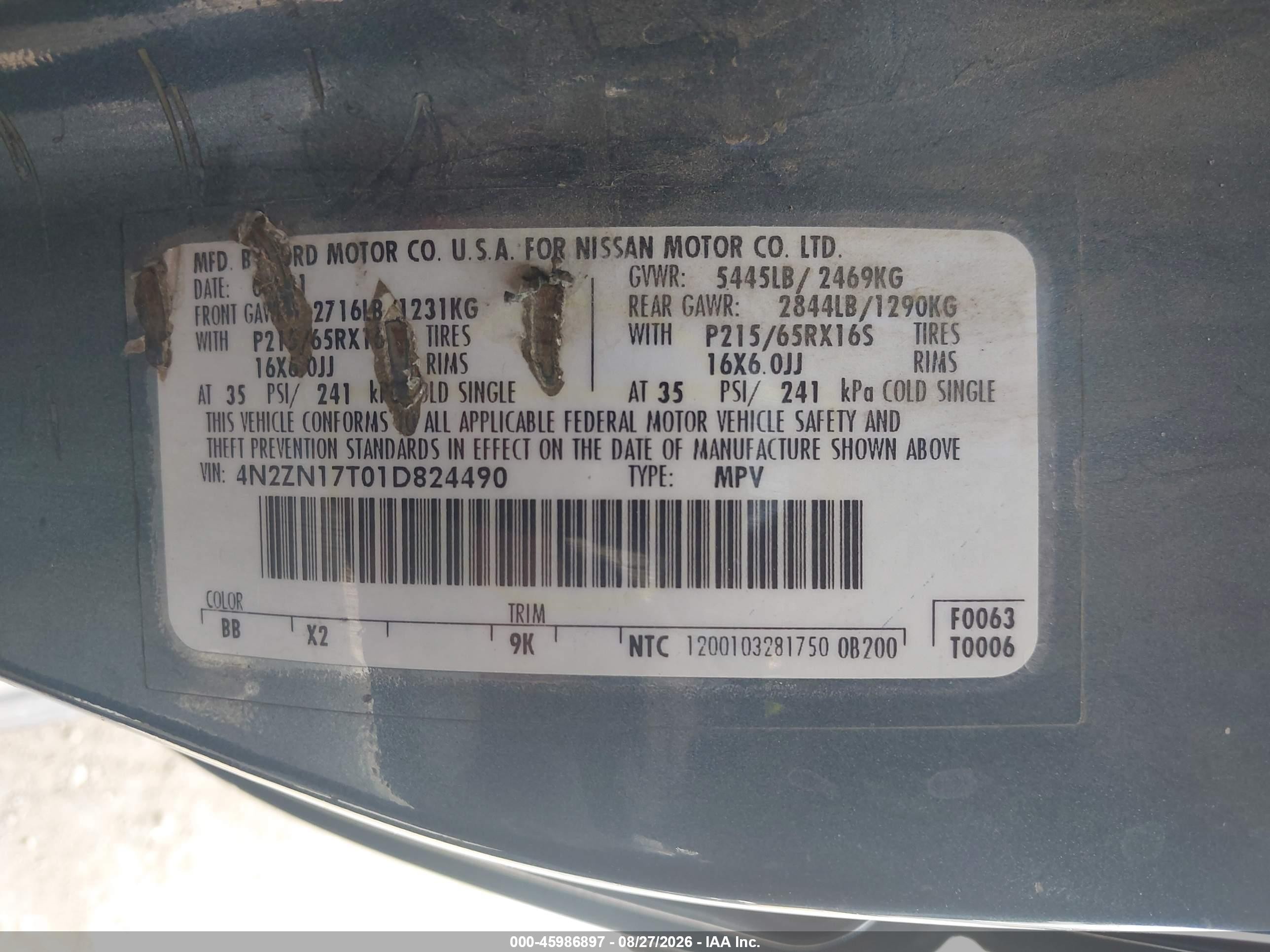 2001 Nissan Quest Gle Blue vin: 4N2ZN17T01D824490