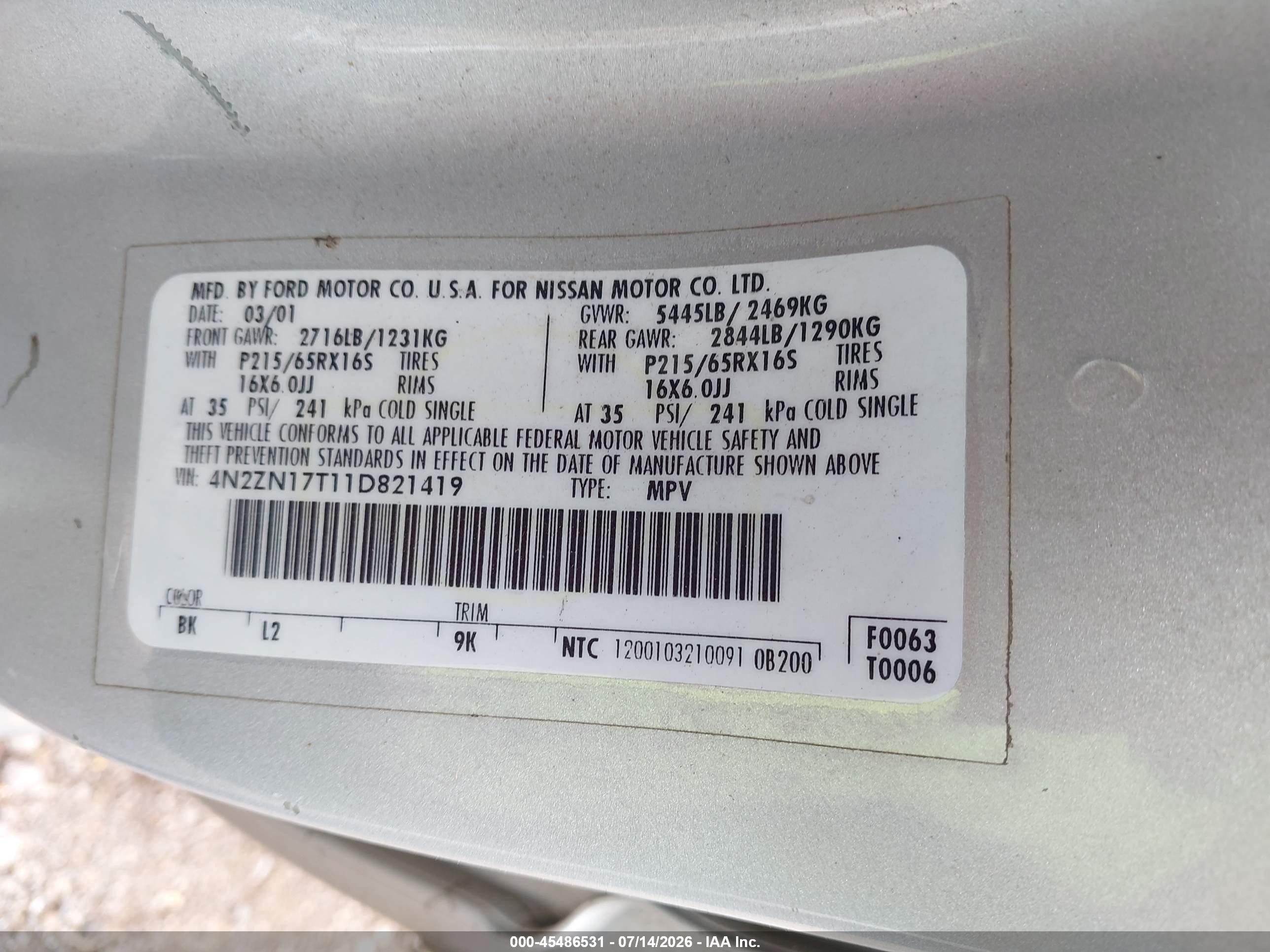 2001 Nissan Quest Gle Silver vin: 4N2ZN17T11D821419